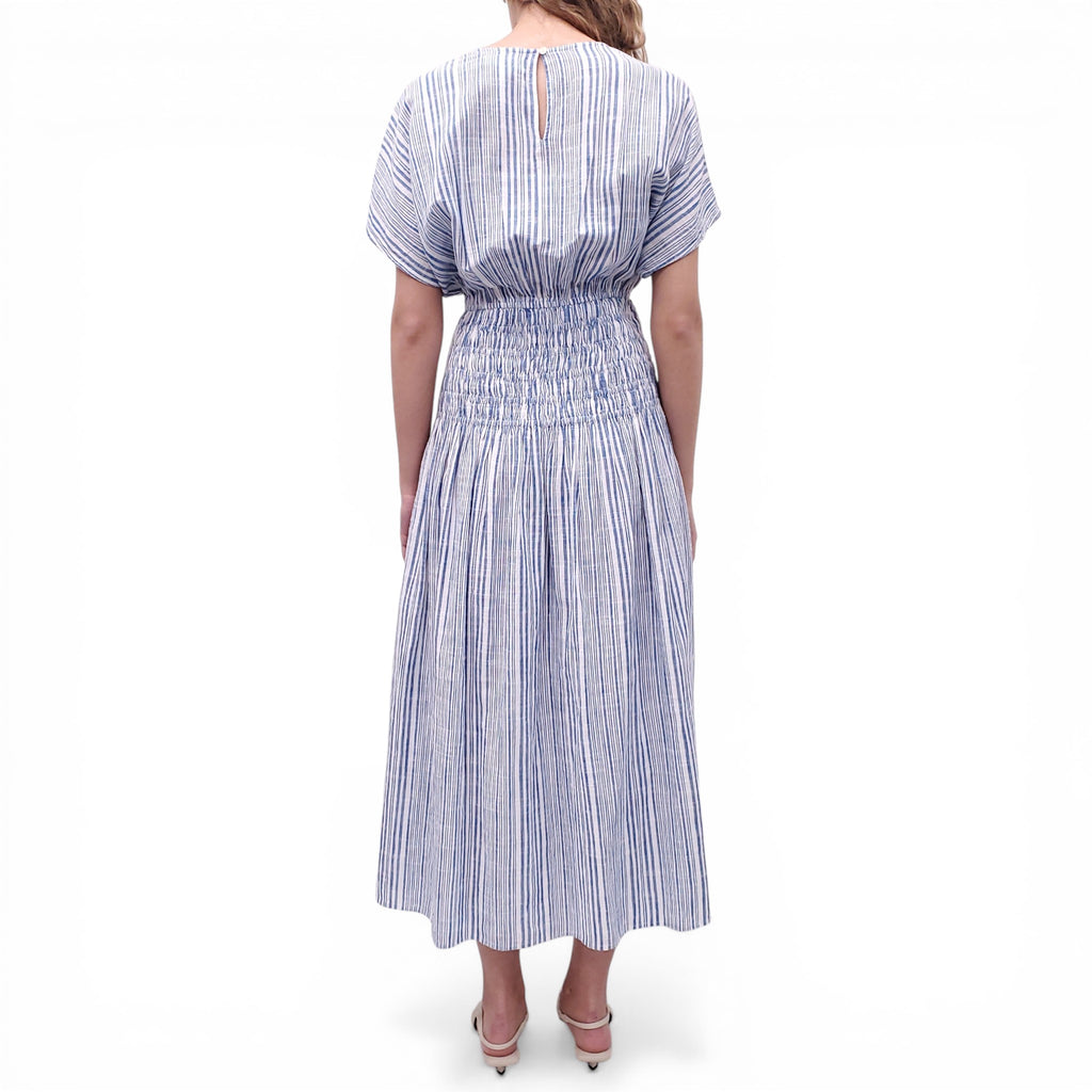 APIECE APART BLUE AND WHITE LONG DRESS WITH CINCHED WAIST - SIZE S
