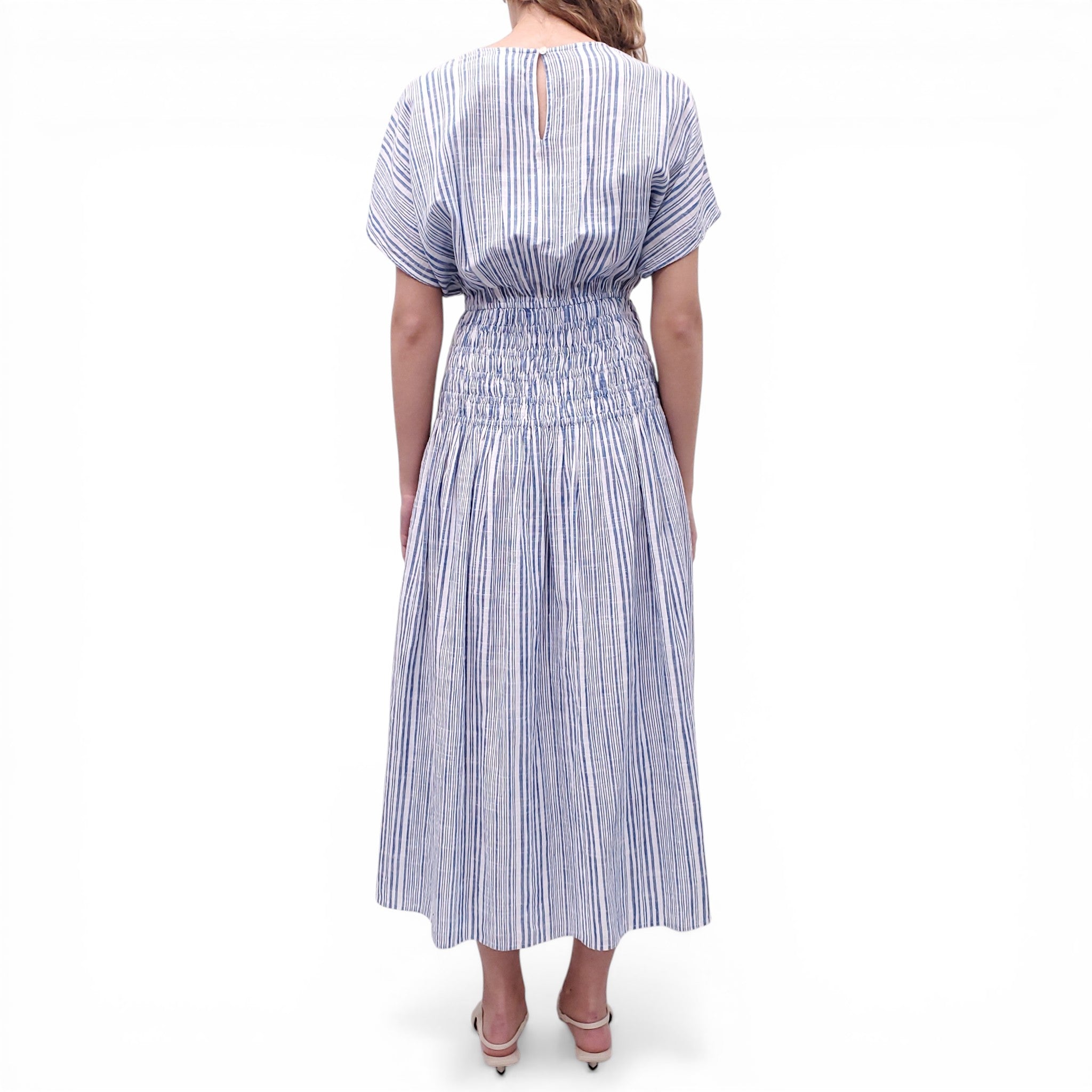 APIECE APART BLUE AND WHITE LONG DRESS WITH CINCHED WAIST - SIZE S