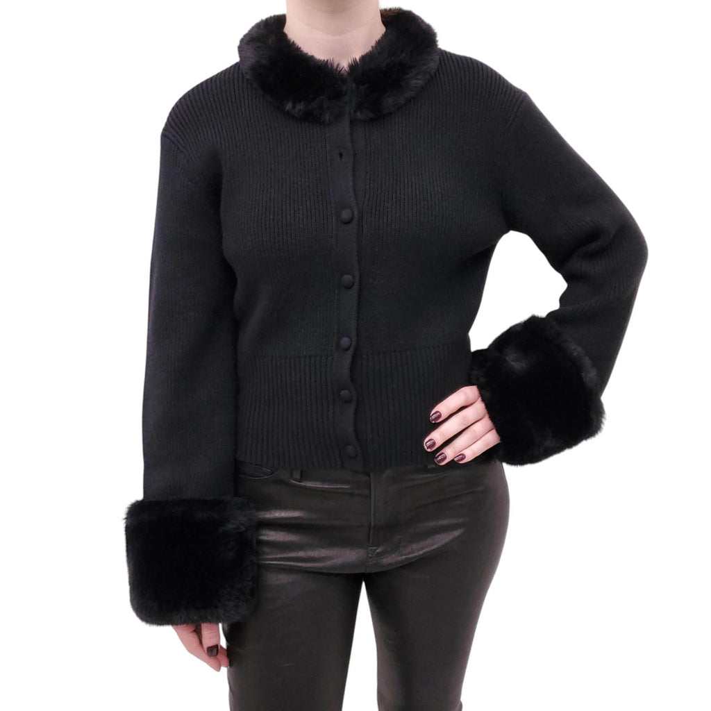 APPARIS BLACK RIBBED CARDIGAN WITH FAUX FUR - SIZE L