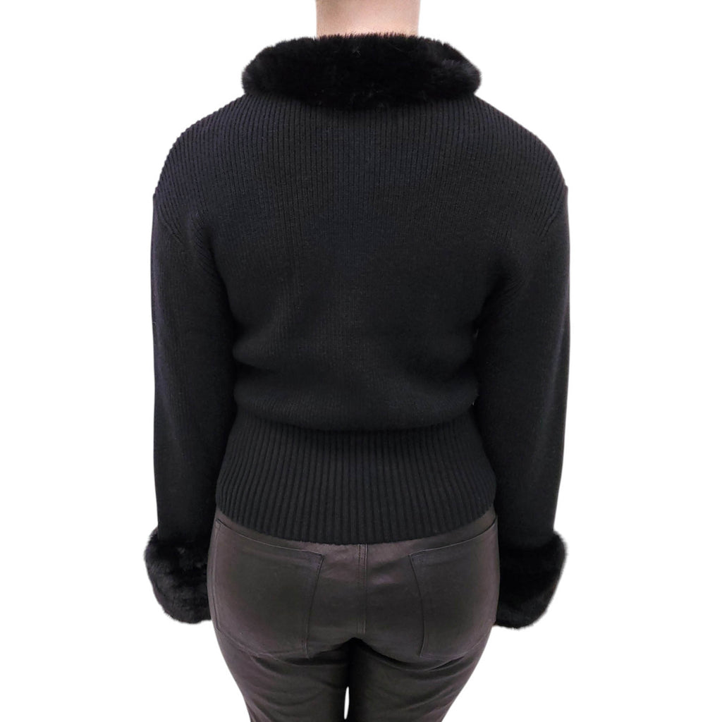 APPARIS BLACK RIBBED CARDIGAN WITH FAUX FUR - SIZE L
