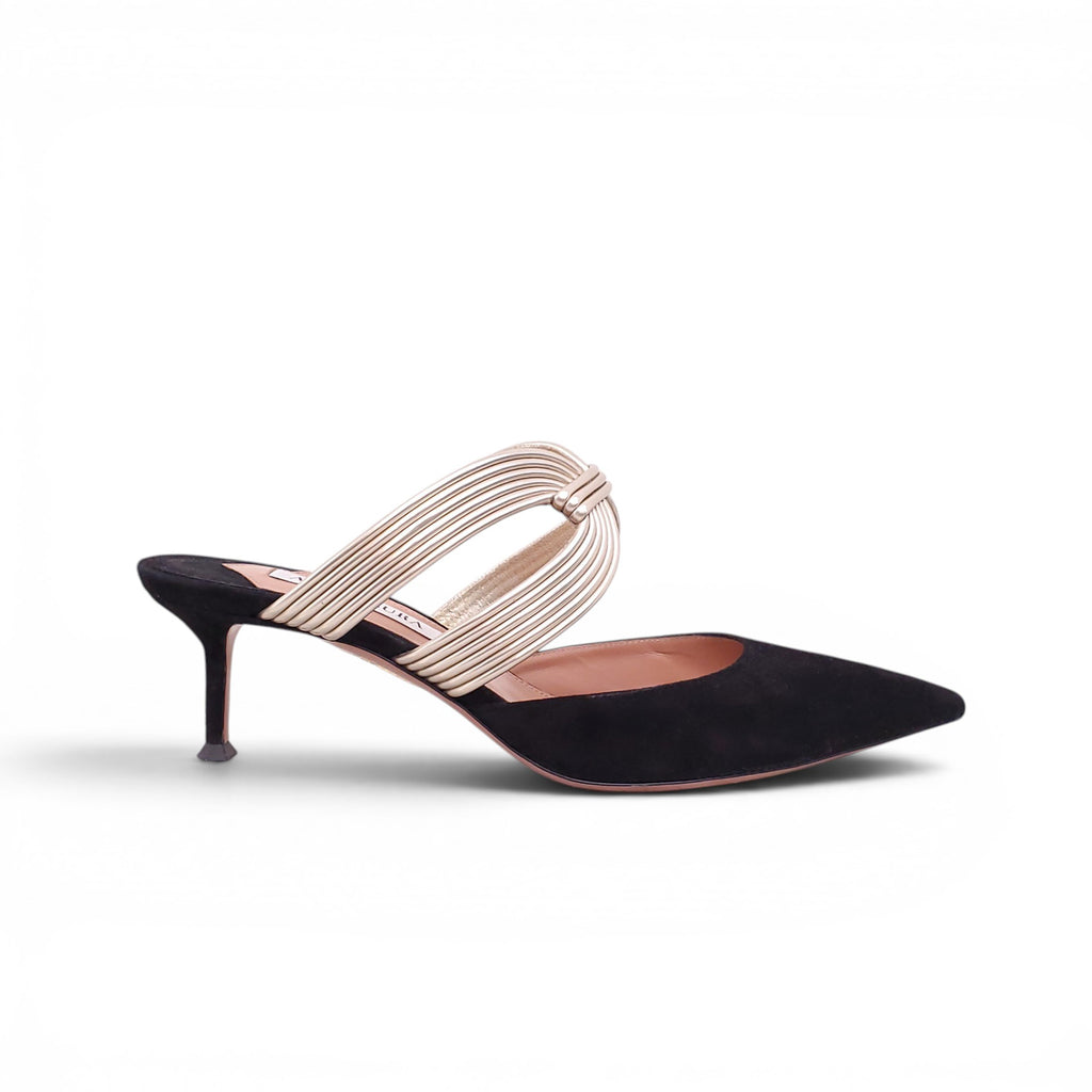 AQUAZZURA BLACK SUEDE HEELS WITH GOLD DETAIL - SIZE 40