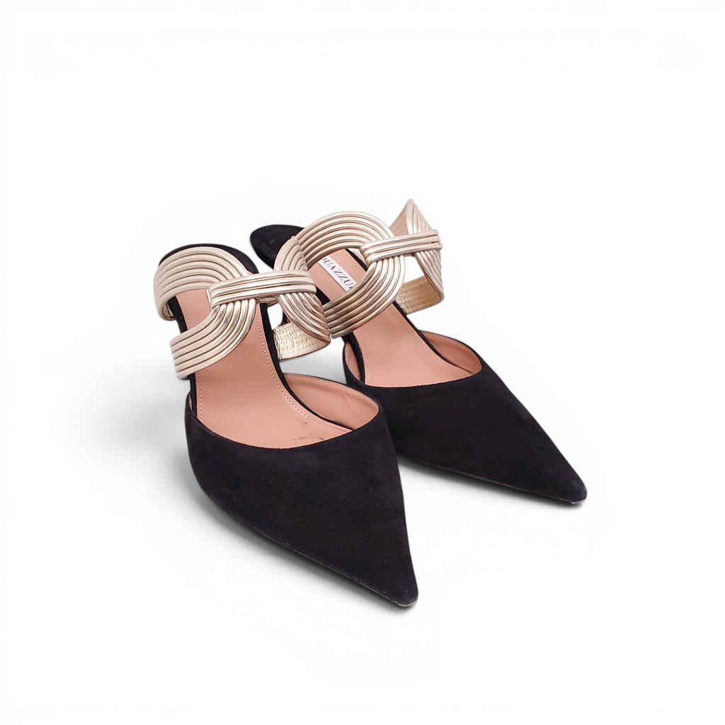 AQUAZZURA BLACK SUEDE HEELS WITH GOLD DETAIL - SIZE 40