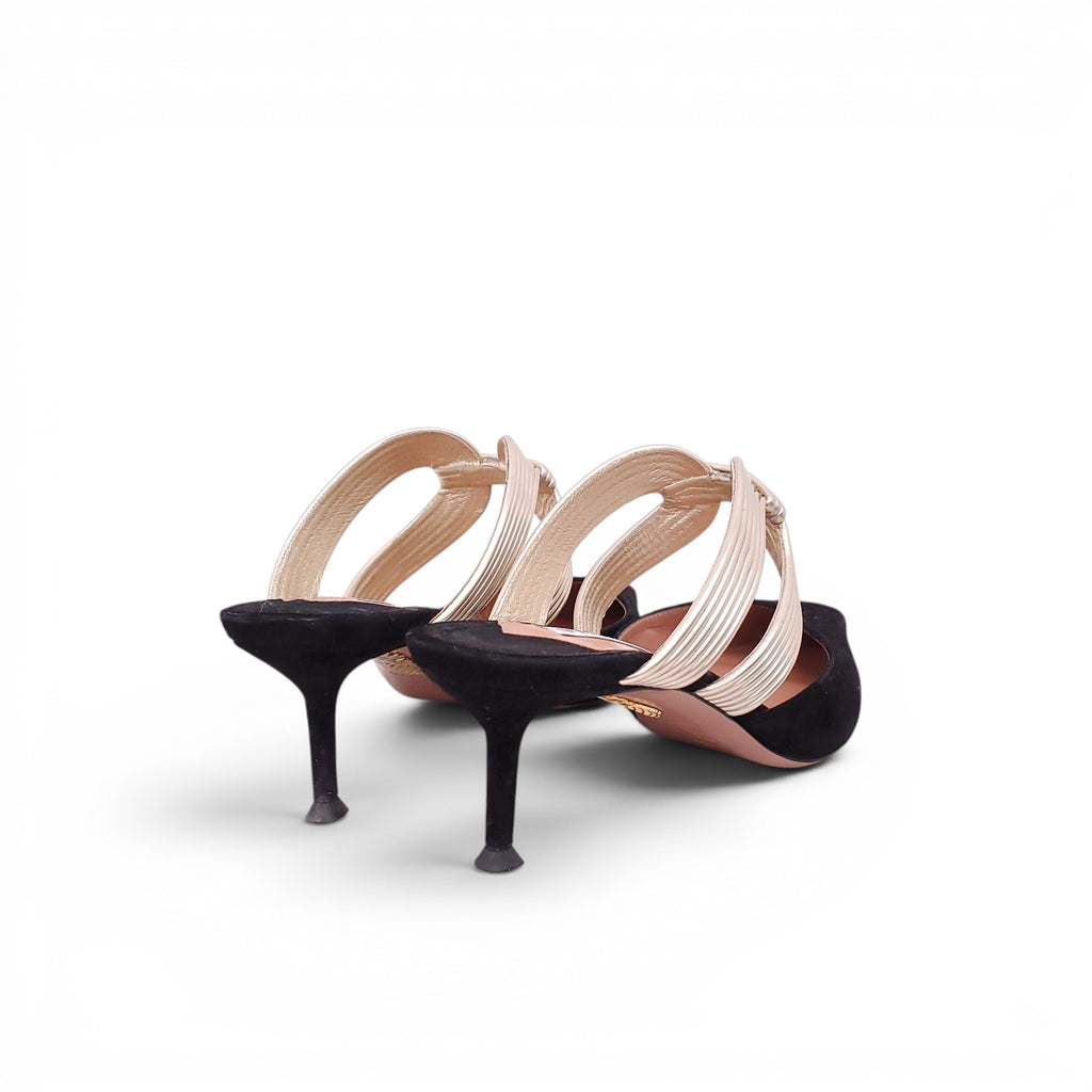 AQUAZZURA BLACK SUEDE HEELS WITH GOLD DETAIL - SIZE 40