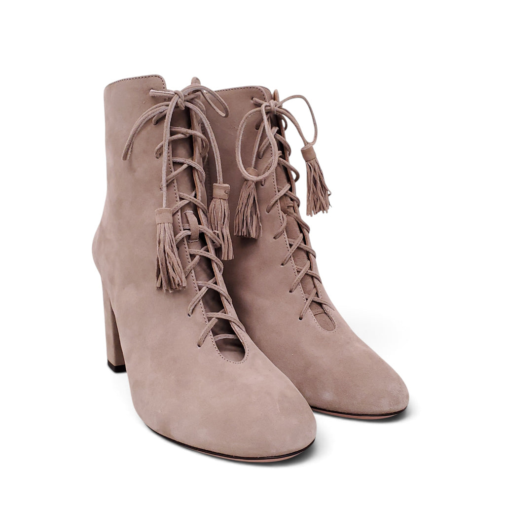 AQUAZZURA TAUPE SUEDE BOOTIES WITH TASSELS - SIZE 38