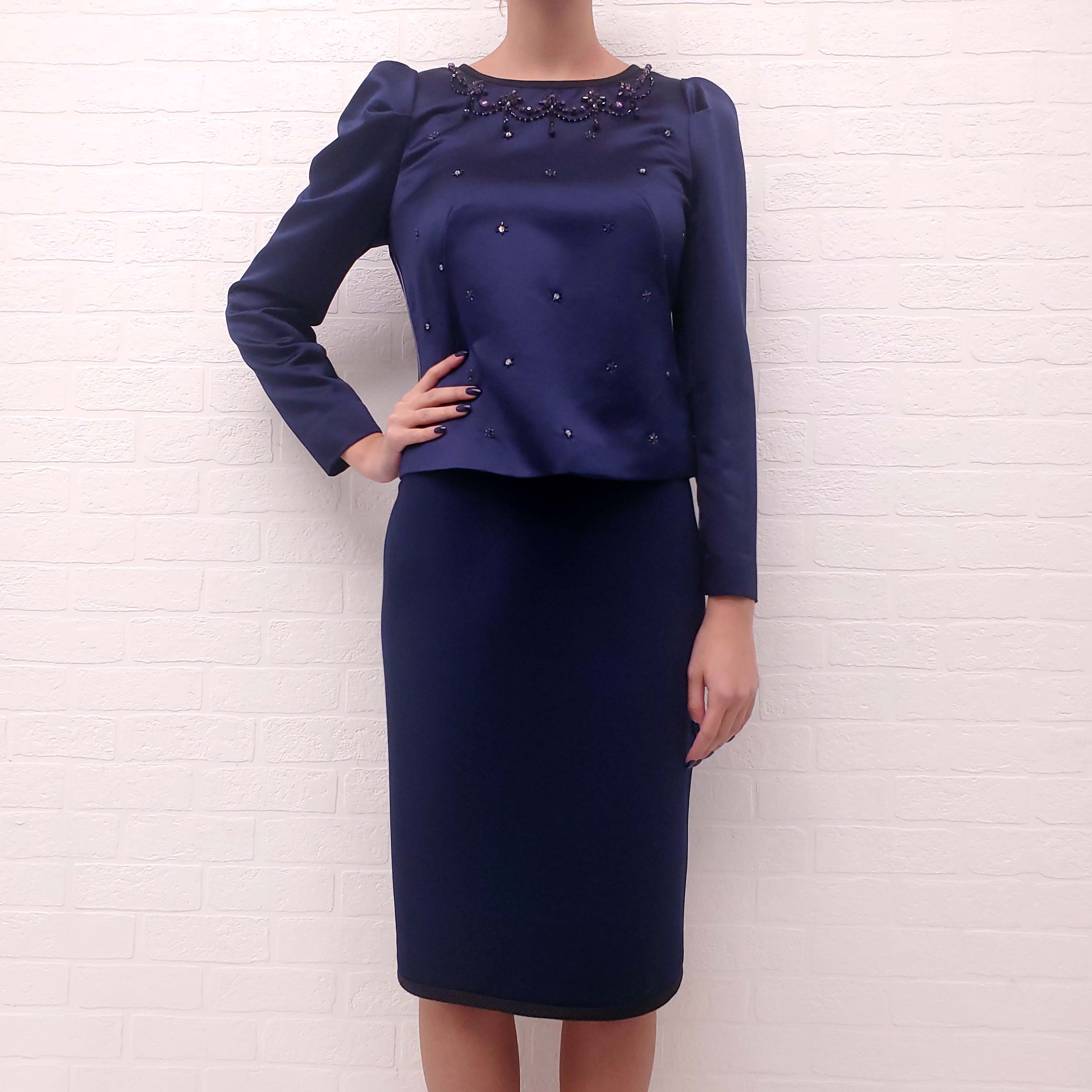 AQUILANO RIMONDI NAVY SEQUIN BLOUSE WITH MATCHING SKIRT - SIZE 42