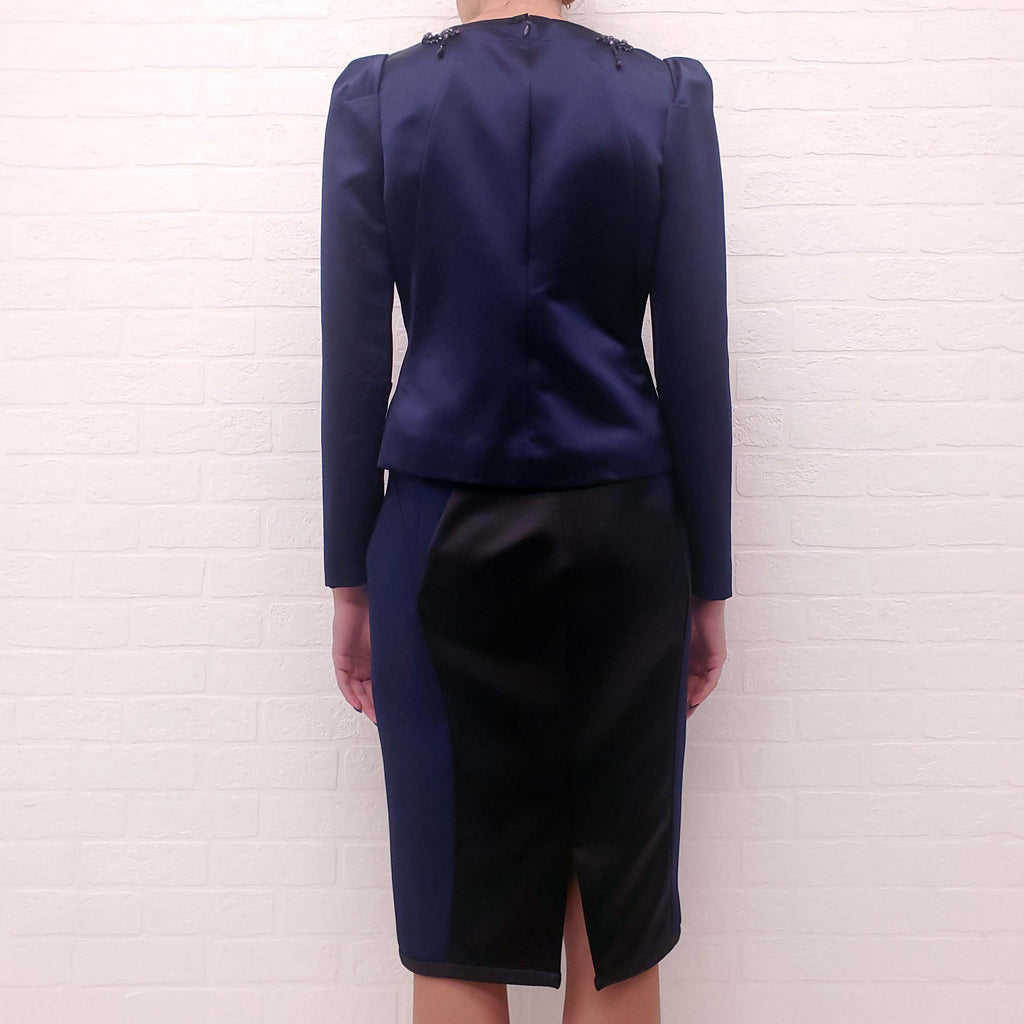 AQUILANO RIMONDI NAVY SEQUIN BLOUSE WITH MATCHING SKIRT - SIZE 42