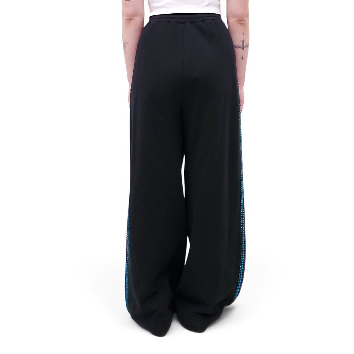 AREA BLACK CRYSTAL EMBELLISHED WIDE LEG TRACK PANT - SIZE XL