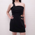 AREA BLACK ONE SHOULDER DRESS WITH CRYSTAL BUCKLE - SIZE L