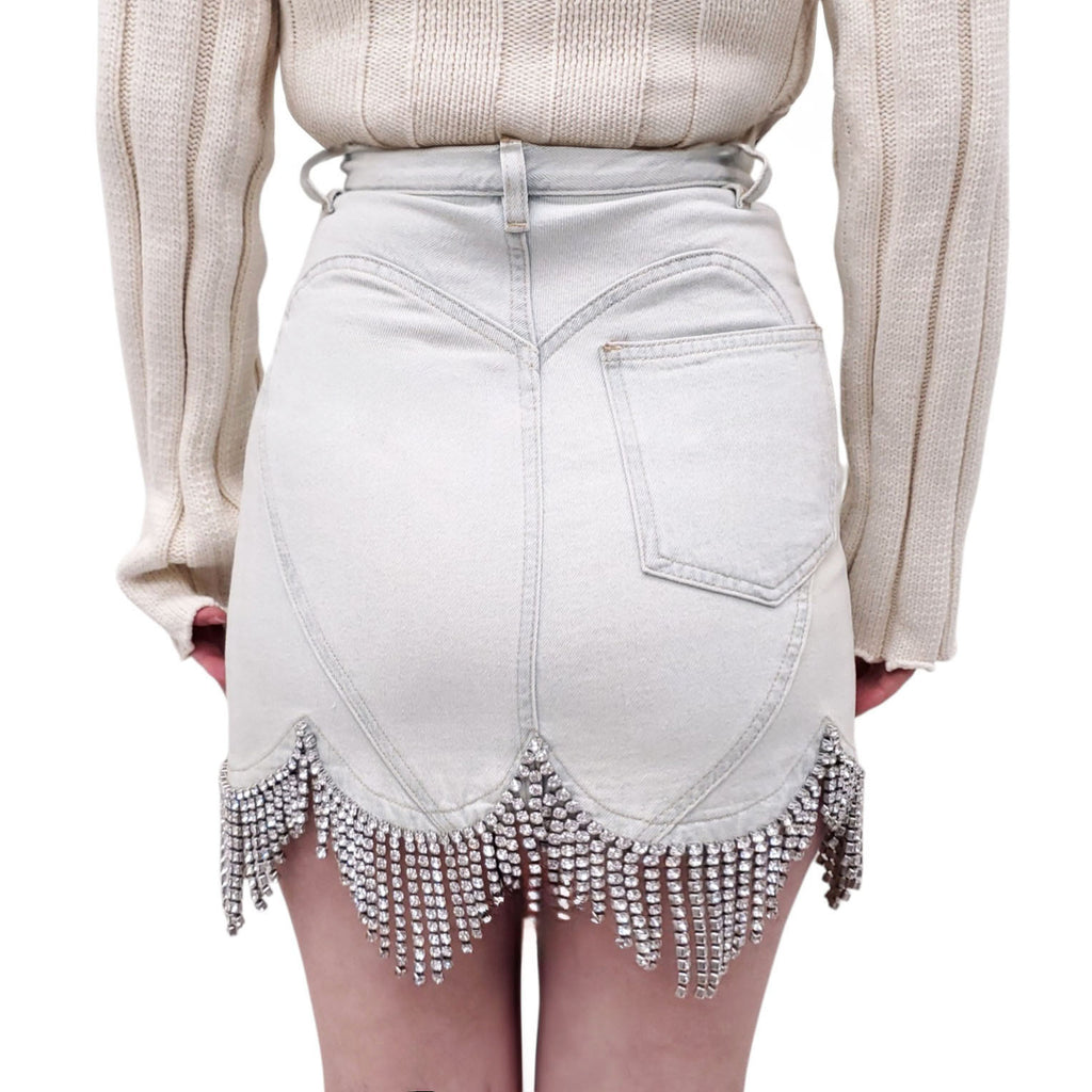 AREA DENIM SCALLOPED CRYSTAL FRINGE SKIRT - SIZE 25