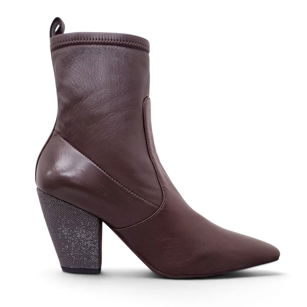 B.C. BROWN LEATHER BOOTIE WITH MONILI HEELS - SIZE 38