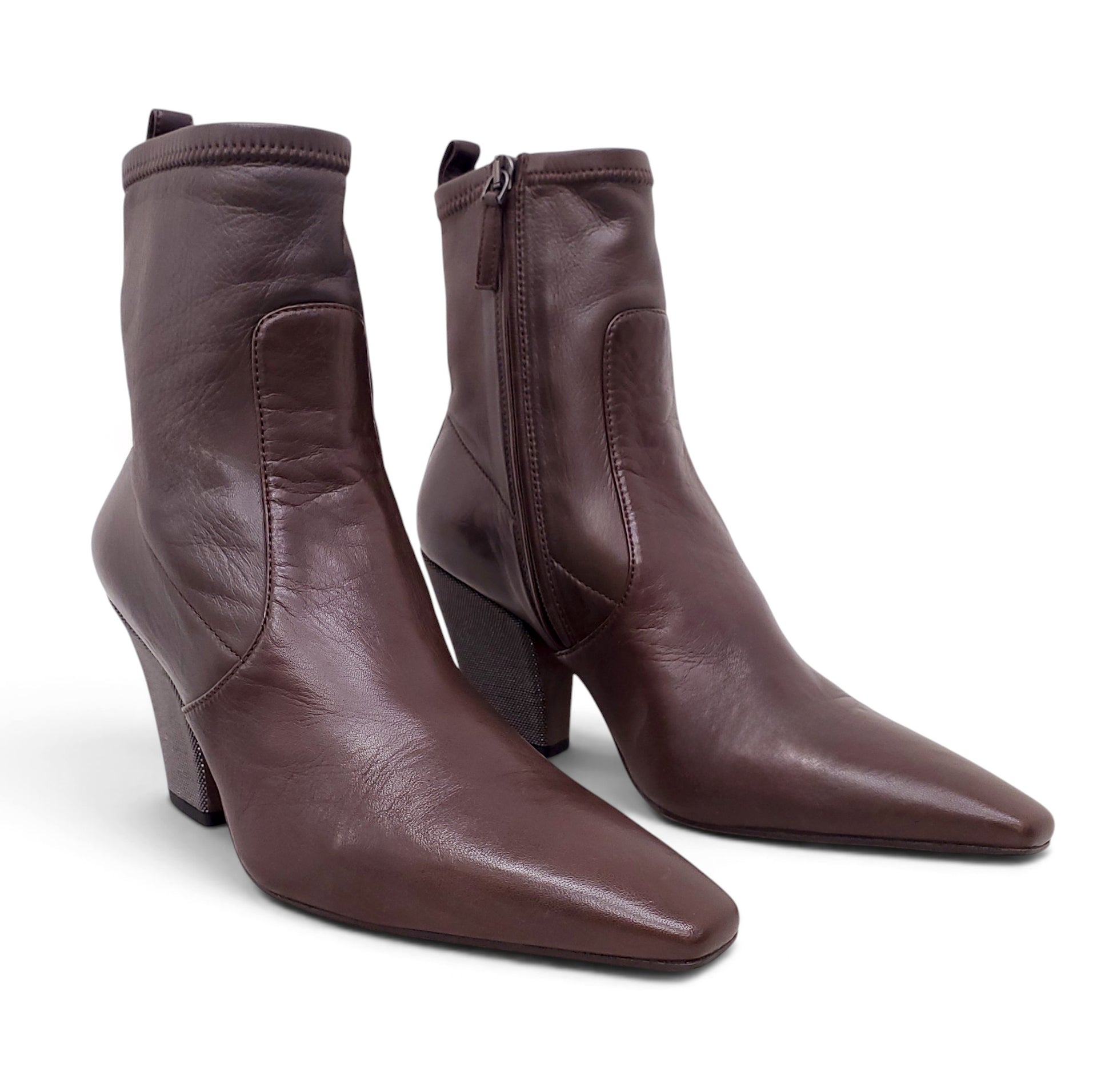B.C. BROWN LEATHER BOOTIE WITH MONILI HEELS - SIZE 38