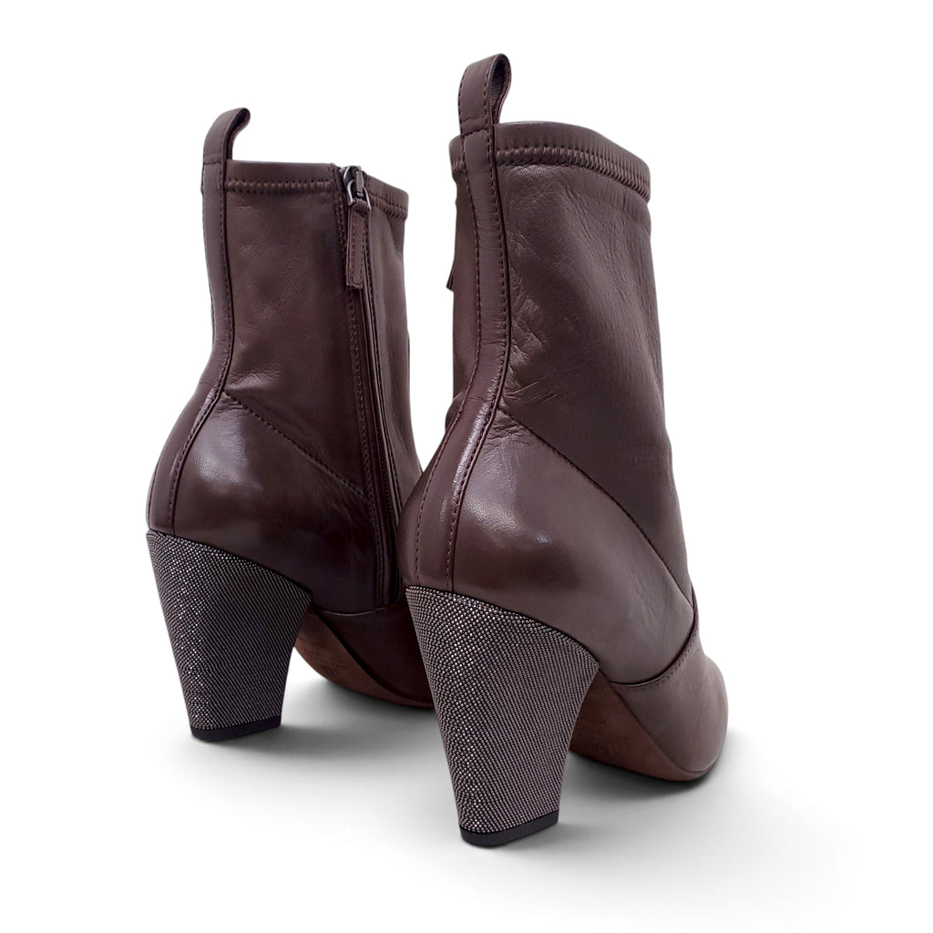 B.C. BROWN LEATHER BOOTIE WITH MONILI HEELS - SIZE 38