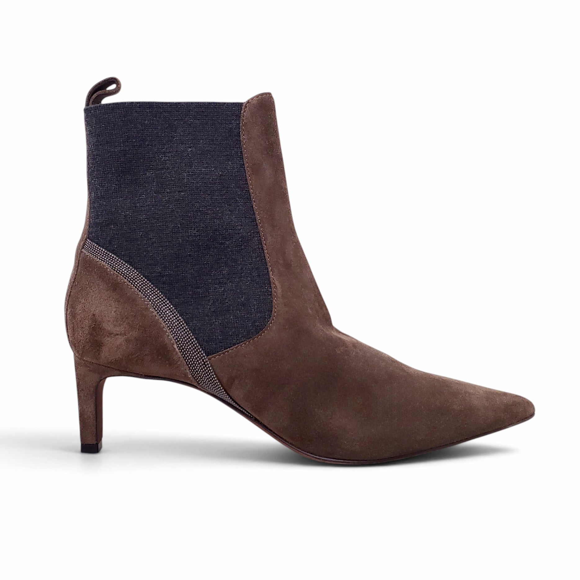 B.C. BROWN SUEDE KITTEN HEEL BOOTIES WITH MONILI DETAIL - SIZE 38.5