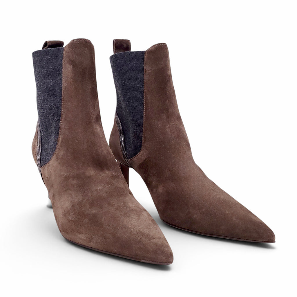 B.C. BROWN SUEDE KITTEN HEEL BOOTIES WITH MONILI DETAIL - SIZE 38.5