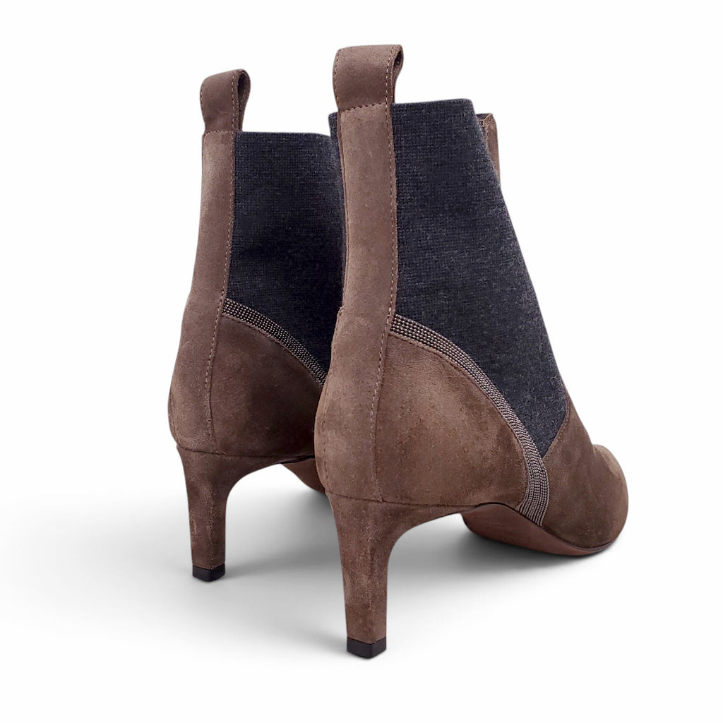 B.C. BROWN SUEDE KITTEN HEEL BOOTIES WITH MONILI DETAIL - SIZE 38.5