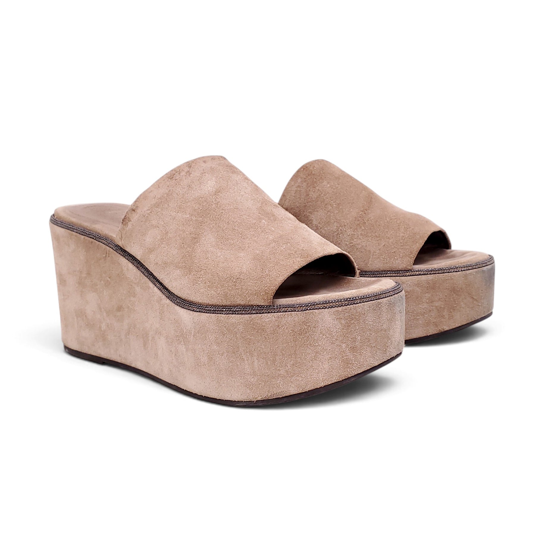 B.C. TAUPE SUEDE PLATFORM WEDGES WITH MONILI - SIZE 38