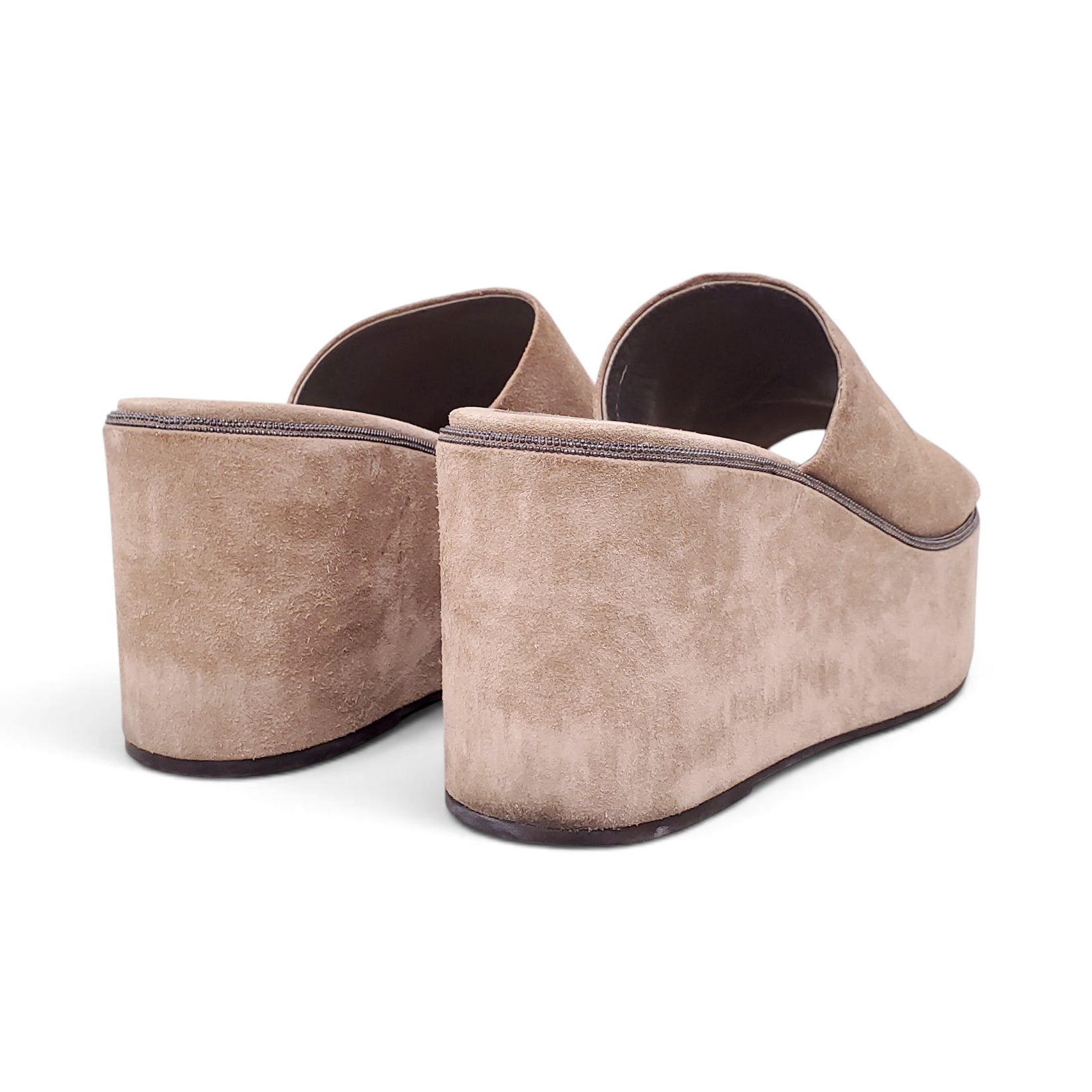 B.C. TAUPE SUEDE PLATFORM WEDGES WITH MONILI - SIZE 38