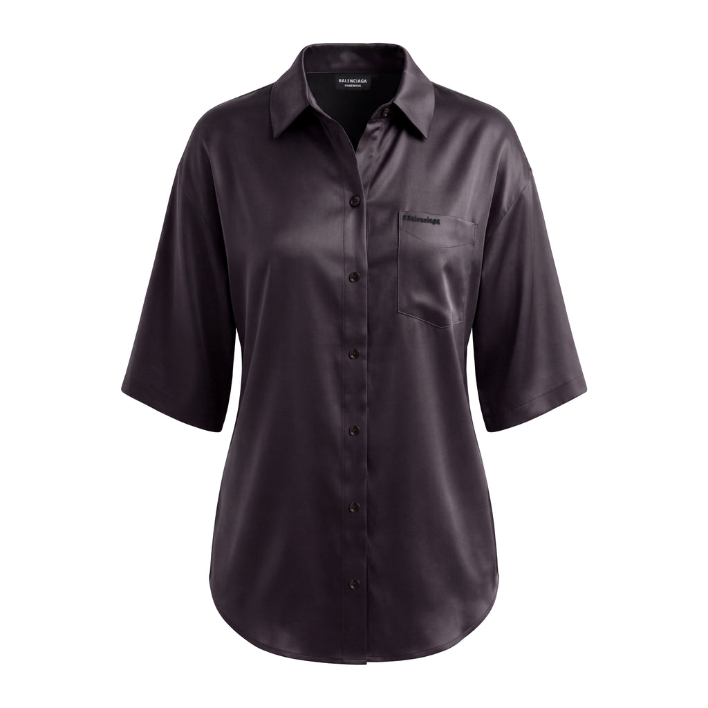 BALENCIAGA BLACK HOMEWEAR SILK LOGO BUTTON UP T-SHIRT - SIZE 38