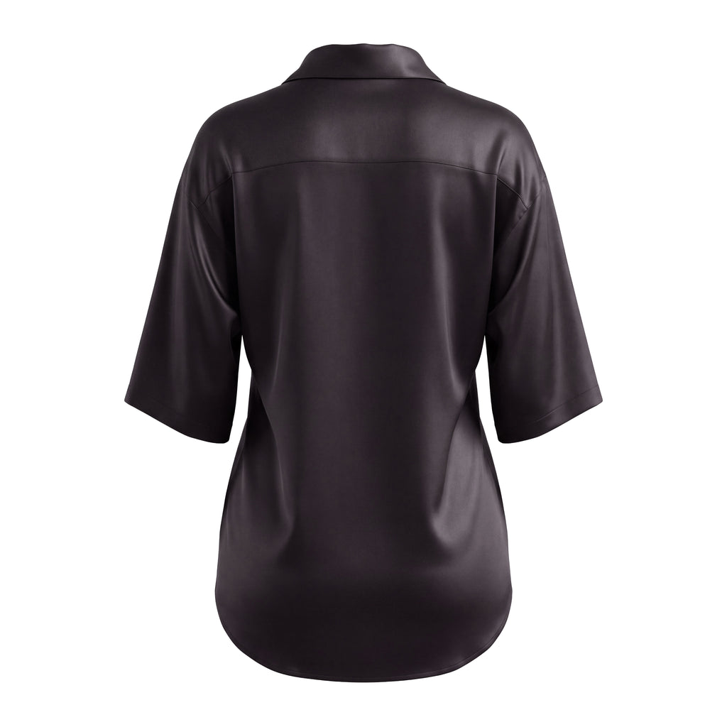 BALENCIAGA BLACK HOMEWEAR SILK LOGO BUTTON UP T-SHIRT - SIZE 38