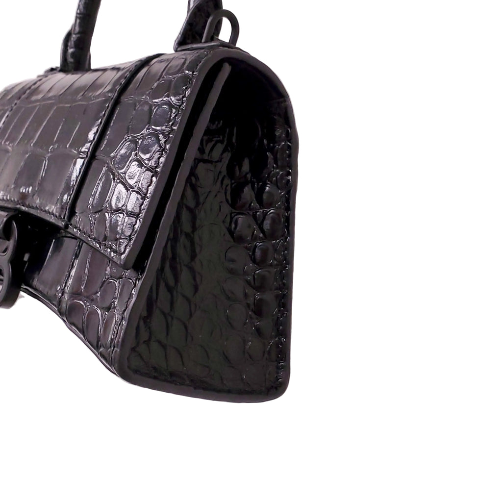 BALENCIAGA BLACK HOURGLASS EXTRA SMALL CROC EMBOSSED TOP HANGLE BAG