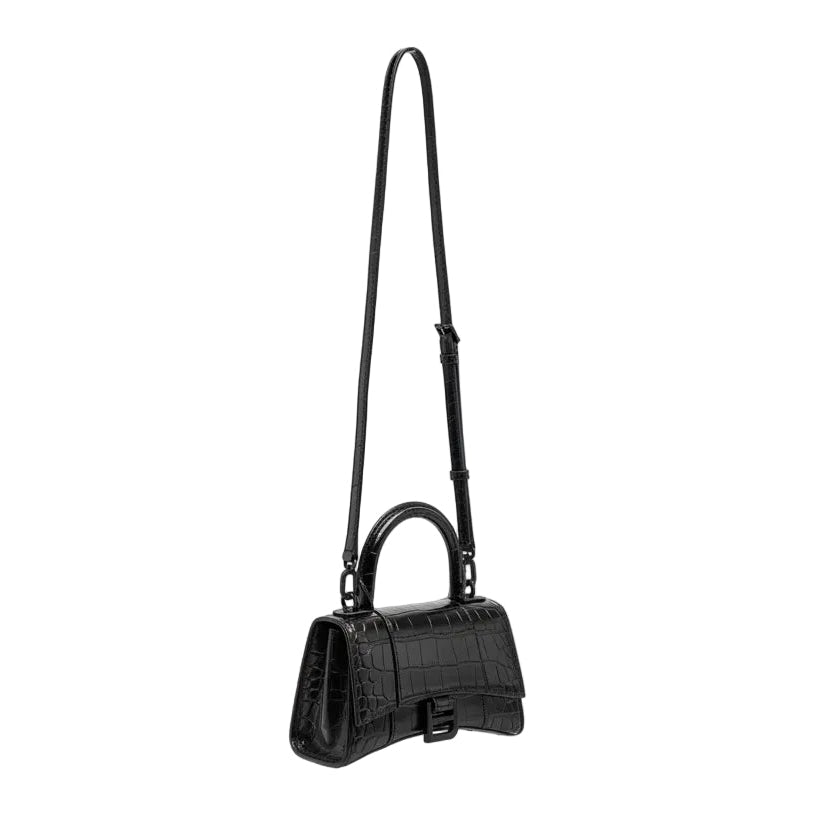 BALENCIAGA BLACK HOURGLASS EXTRA SMALL CROC EMBOSSED TOP HANGLE BAG