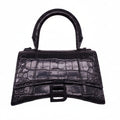 BALENCIAGA BLACK HOURGLASS EXTRA SMALL CROC EMBOSSED TOP HANGLE BAG