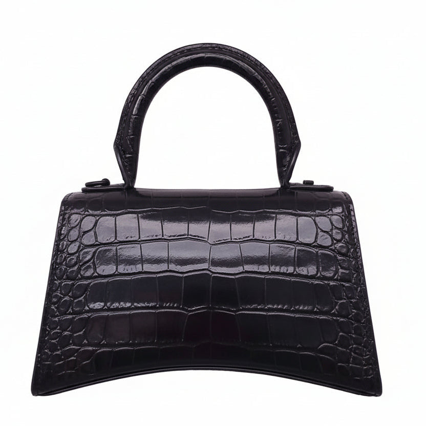 BALENCIAGA BLACK HOURGLASS EXTRA SMALL CROC EMBOSSED TOP HANGLE BAG