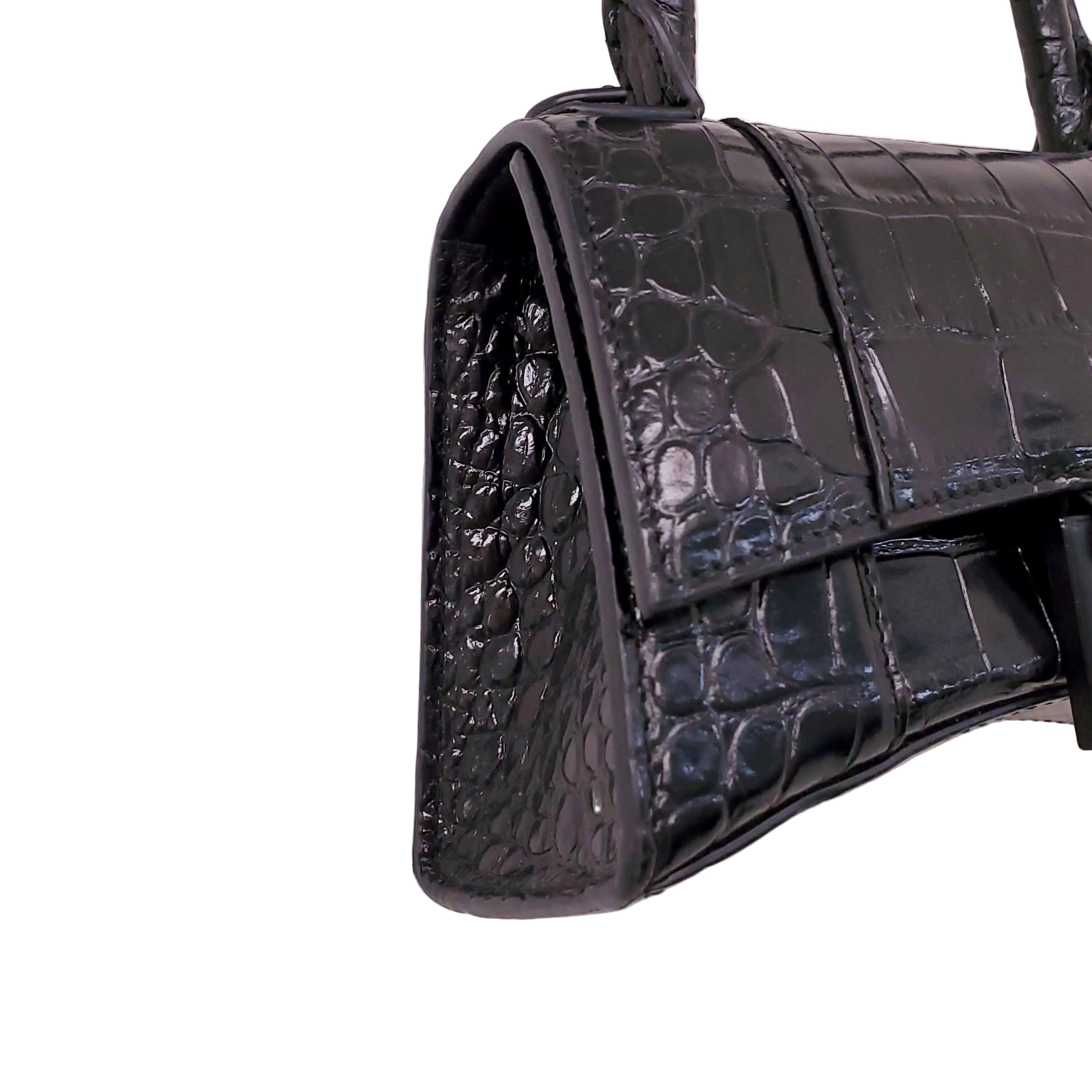 BALENCIAGA BLACK HOURGLASS EXTRA SMALL CROC EMBOSSED TOP HANGLE BAG