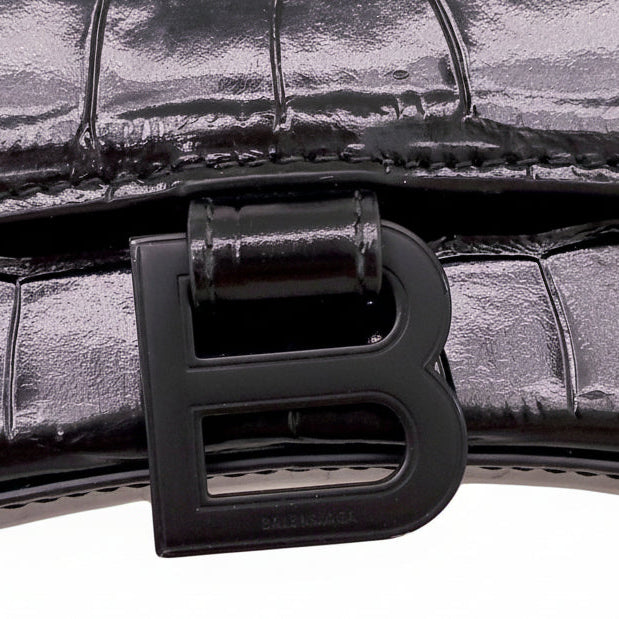 BALENCIAGA BLACK HOURGLASS EXTRA SMALL CROC EMBOSSED TOP HANGLE BAG