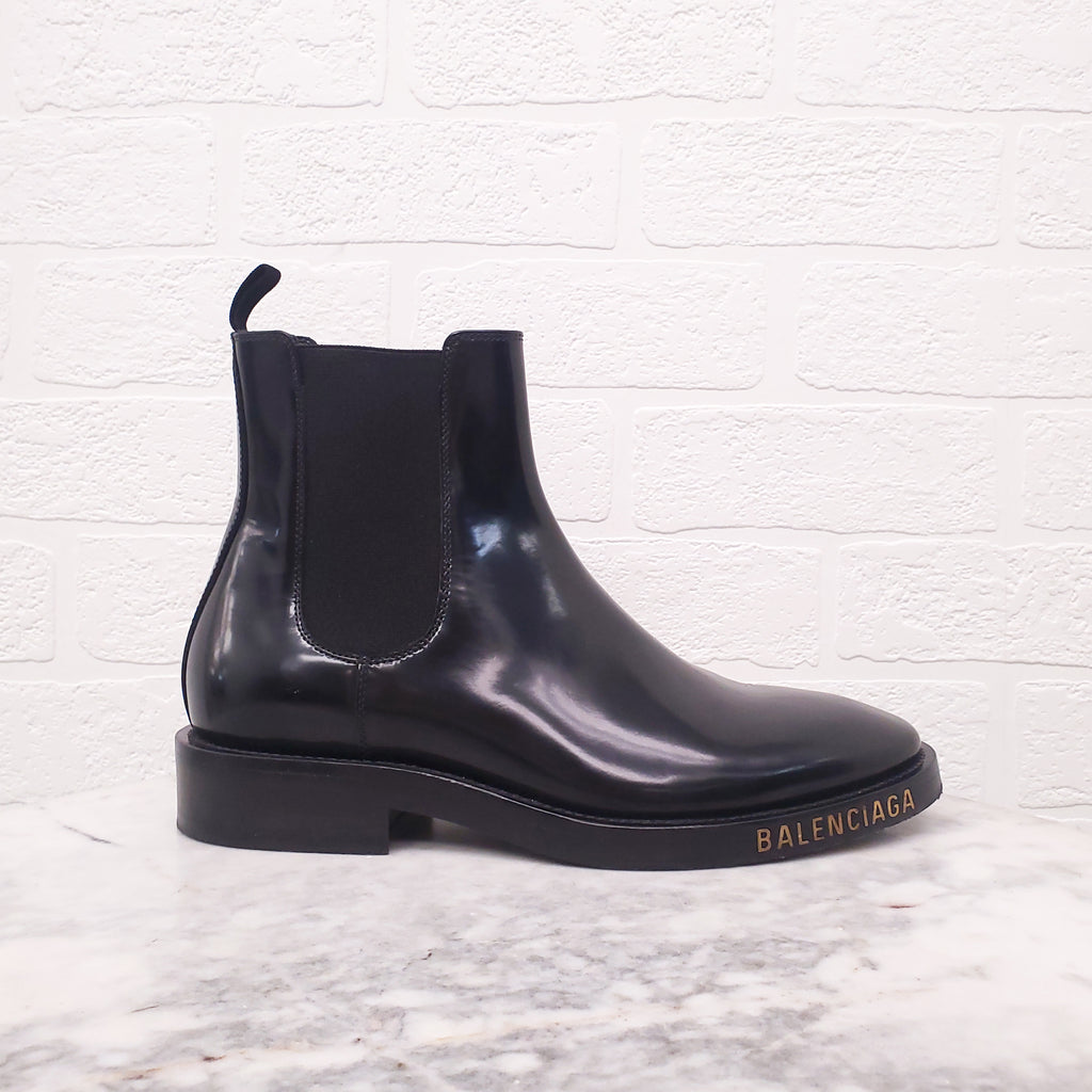 BALENCIAGA BLACK LEATHER CHELSEA BOOTS WITH LOGO - SIZE 38