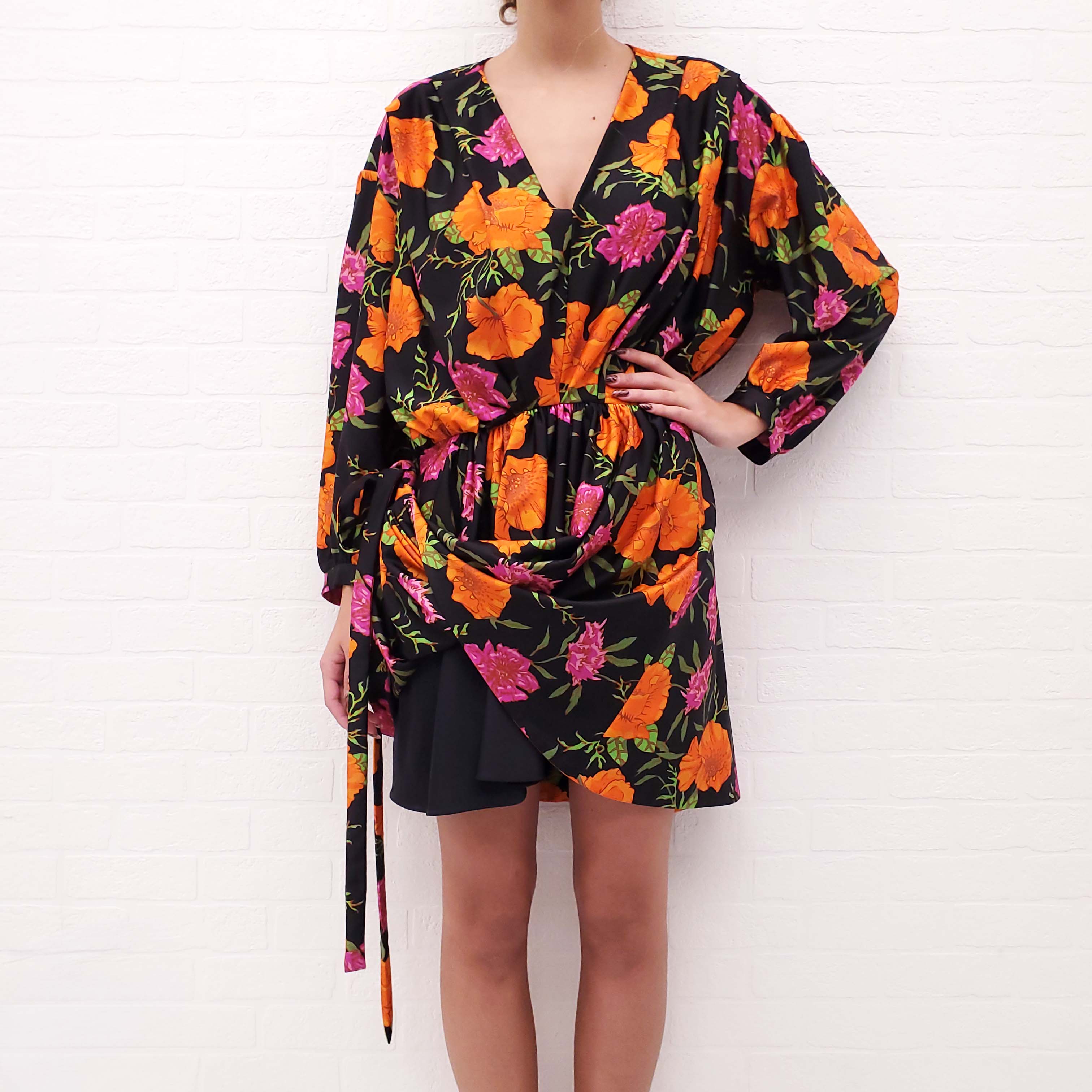 BALENCIAGA BLACK, ORANGE AND PINK FLORAL MINI DRESS WITH TIE - SIZE 38