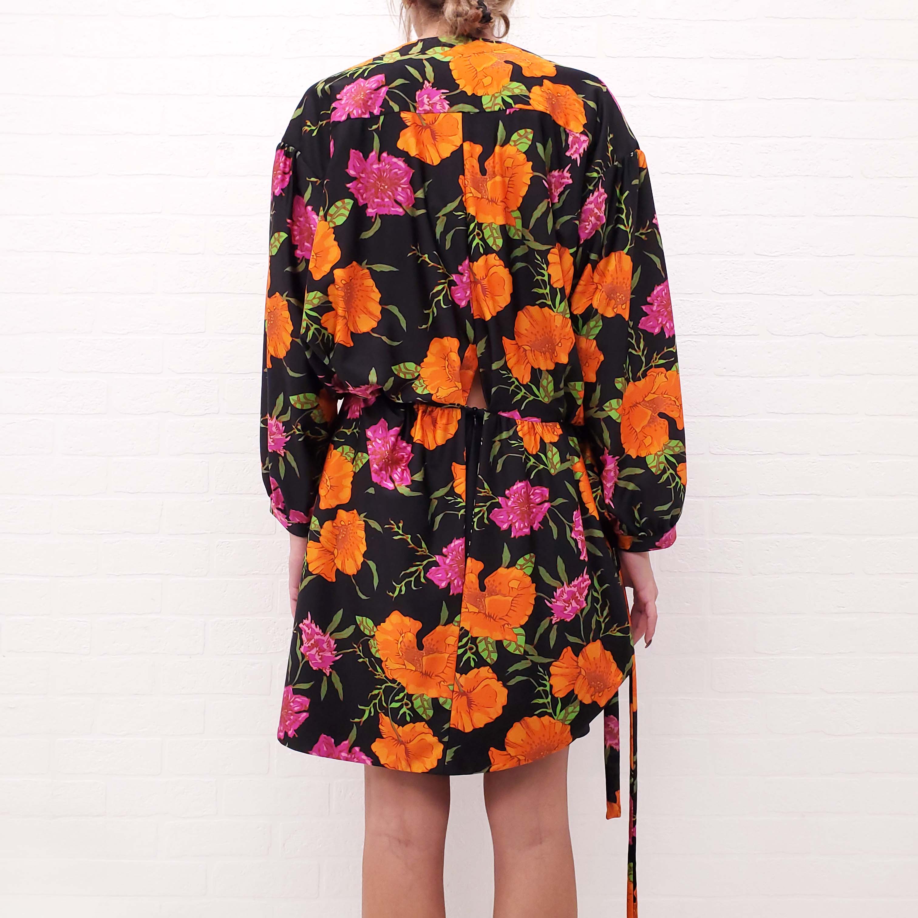 BALENCIAGA BLACK, ORANGE AND PINK FLORAL MINI DRESS WITH TIE - SIZE 38