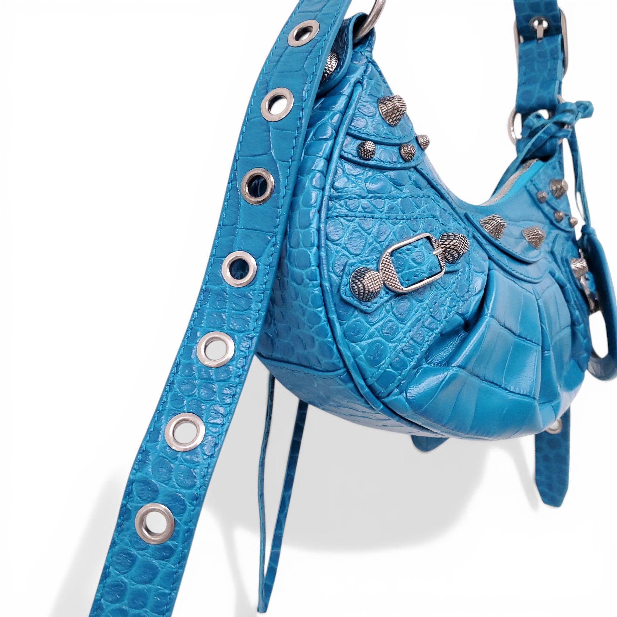 BALENCIAGA BLUE CROC EFFECT CAGOLE BAG