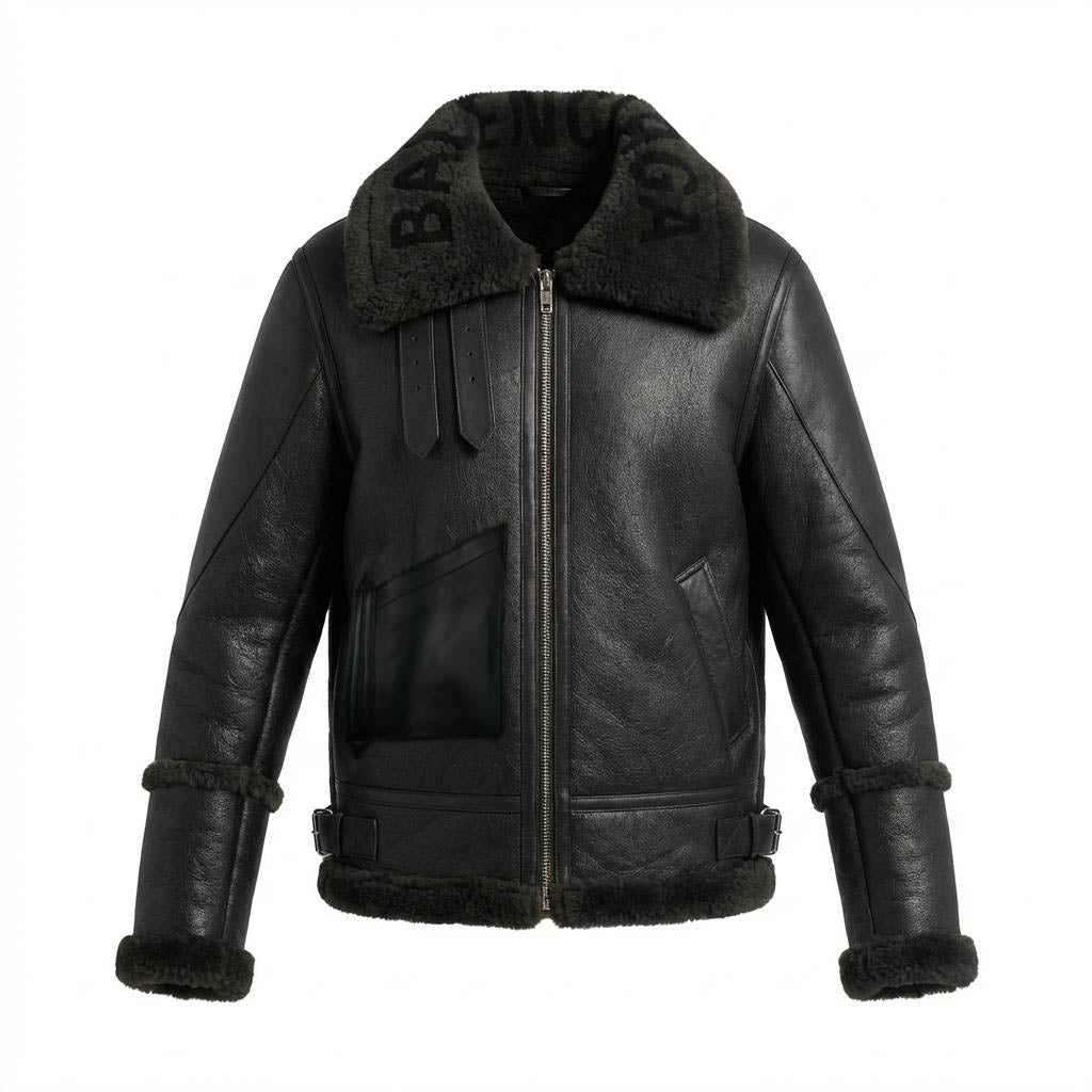 BALENCIAGA FOREST GREEN SHEARLING LOGO JACKET - SIZE 40