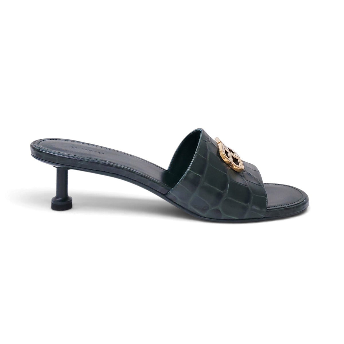 BALENCIAGA GREEN LEATHER LOGO MULES - SIZE 38