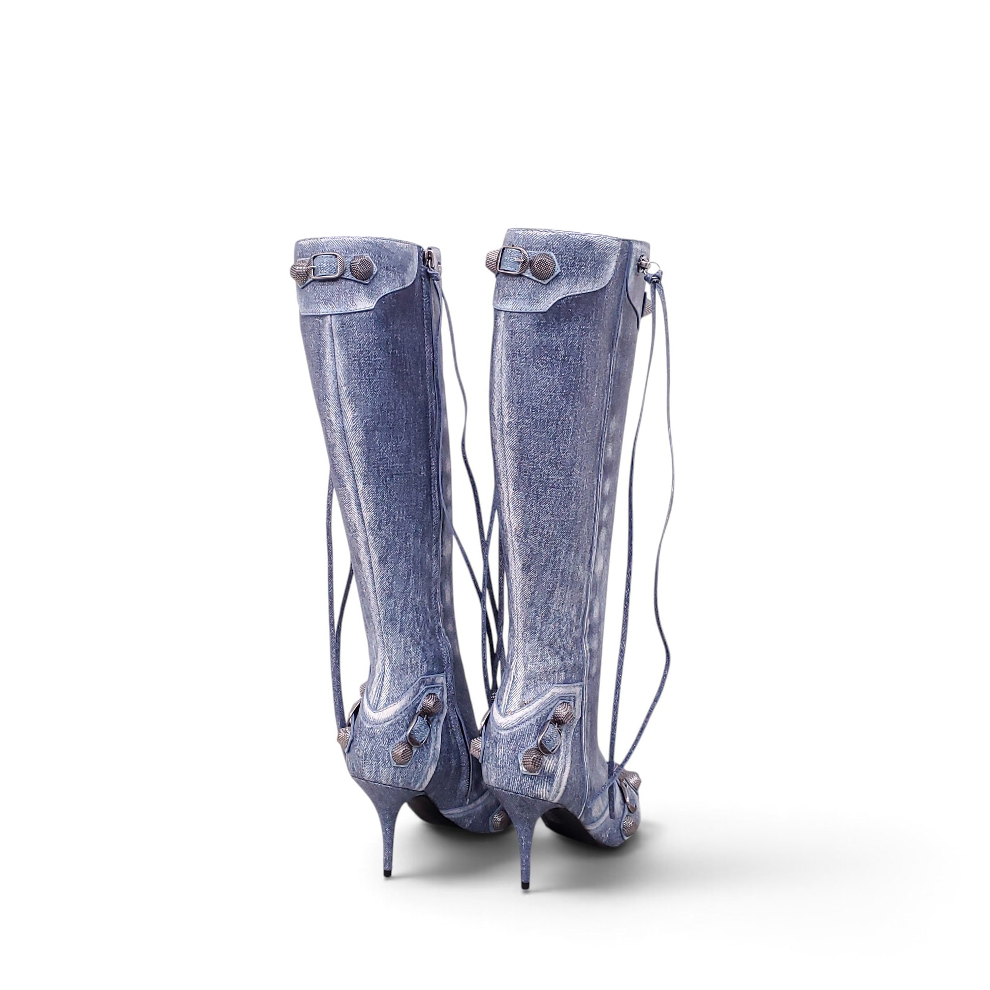 BALENCIAGA LIGHT DENIM PRINTED CAGOLE BOOTS - SIZE 37