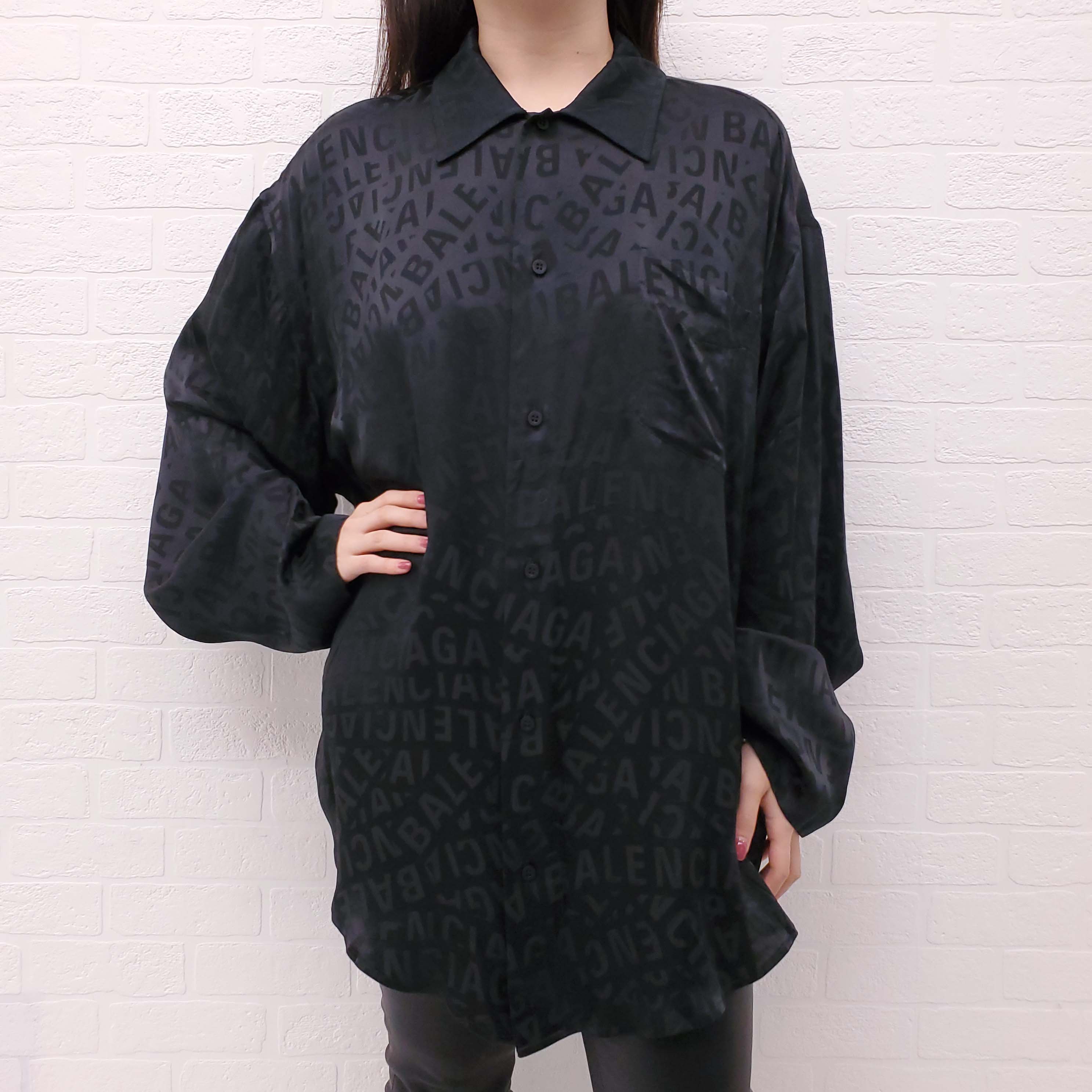 BALENCIAGA OVERSIZED BLACK SILK LOGO BLOUSE - SIZE 36