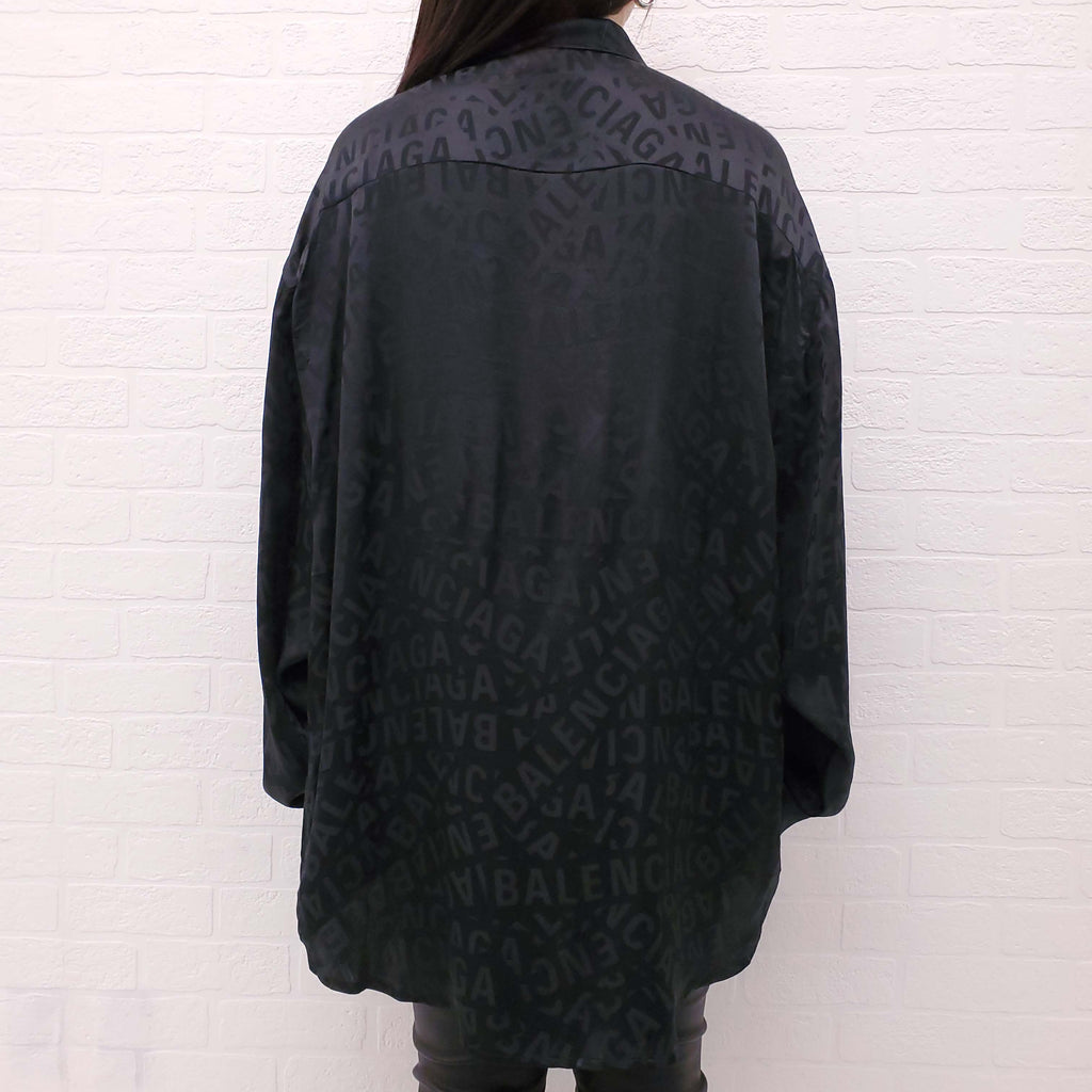 BALENCIAGA OVERSIZED BLACK SILK LOGO BLOUSE - SIZE 36