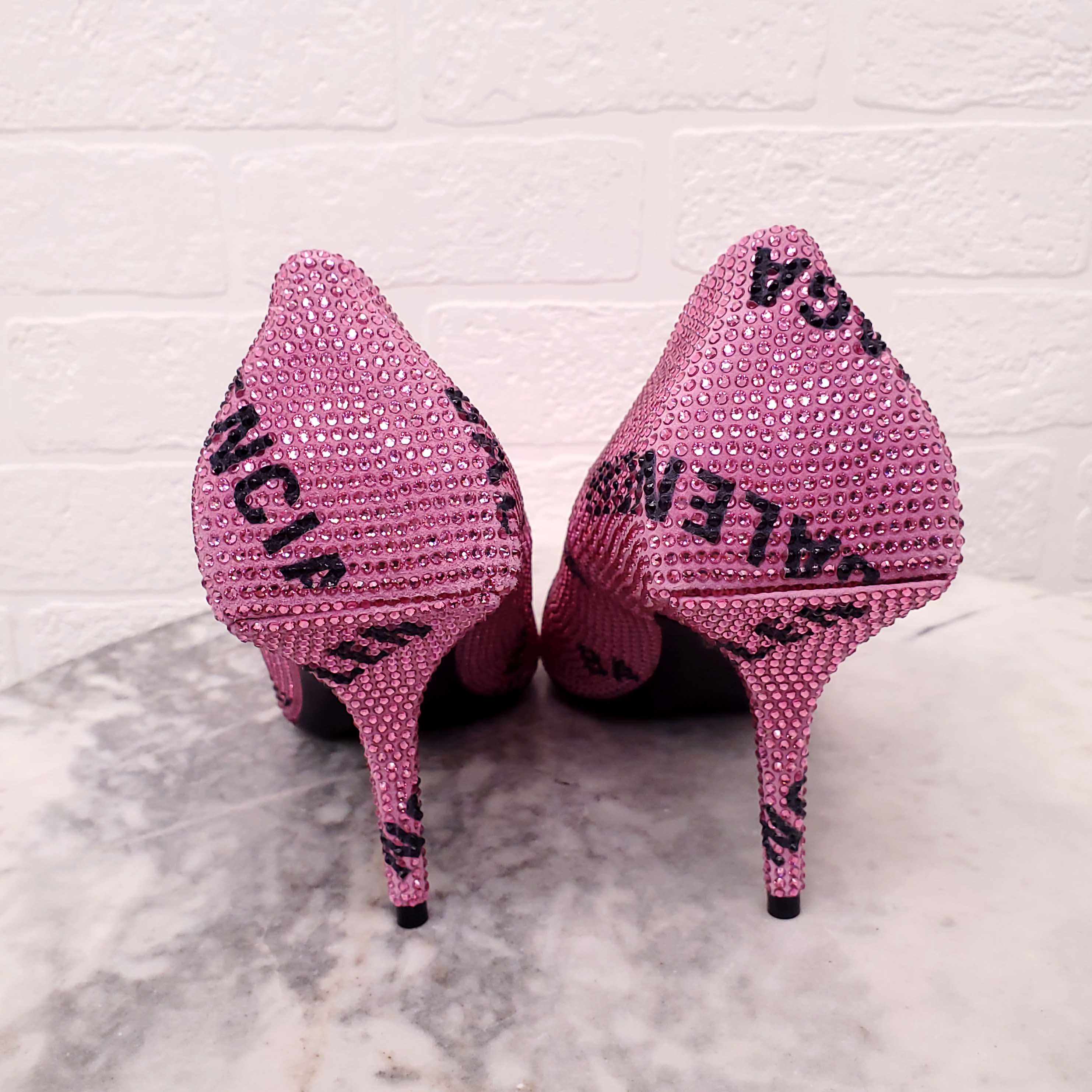 BALENCIAGA PINK CRYSTAL LOGO KNIFE PUMPS - SIZE 38