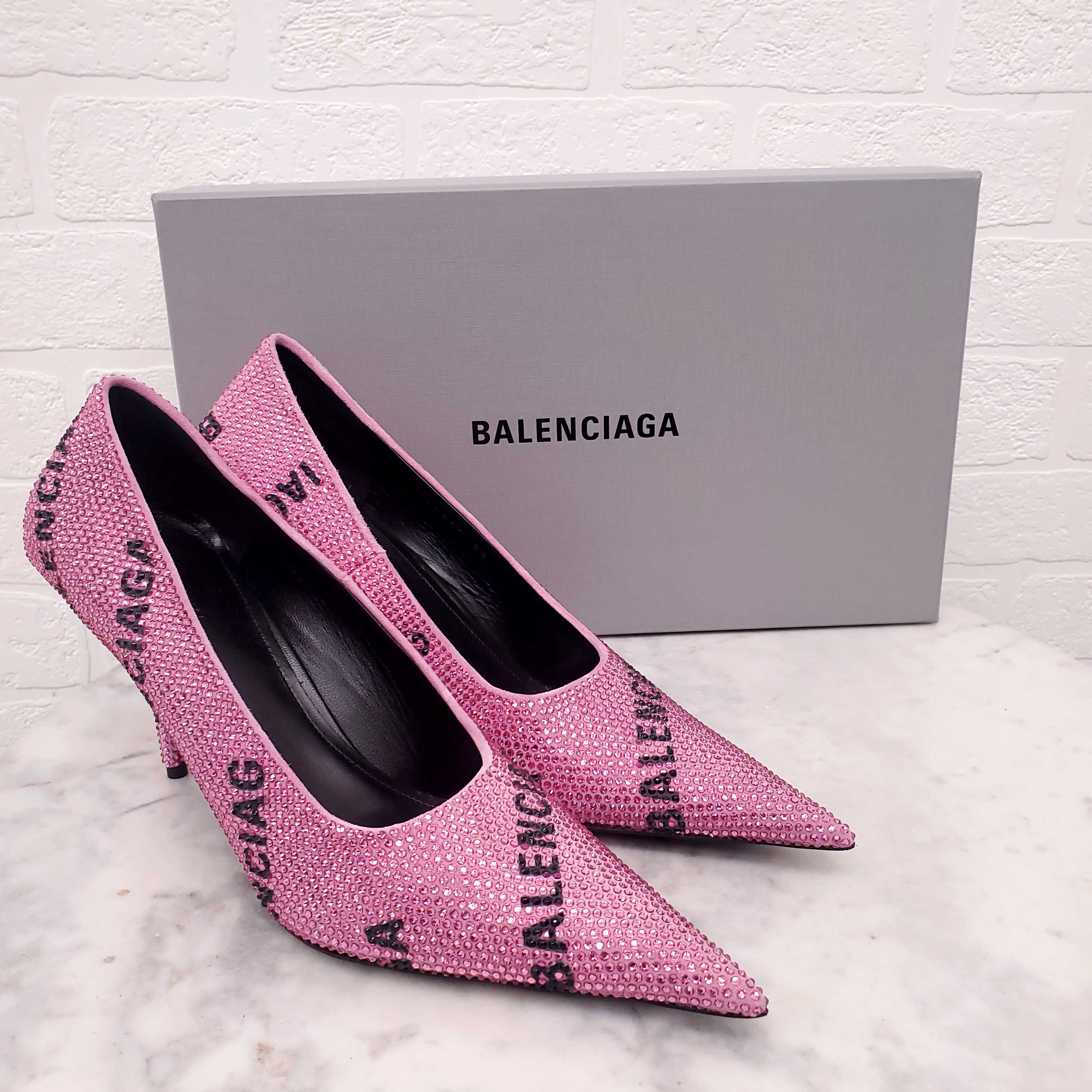 BALENCIAGA PINK CRYSTAL LOGO KNIFE PUMPS - SIZE 38