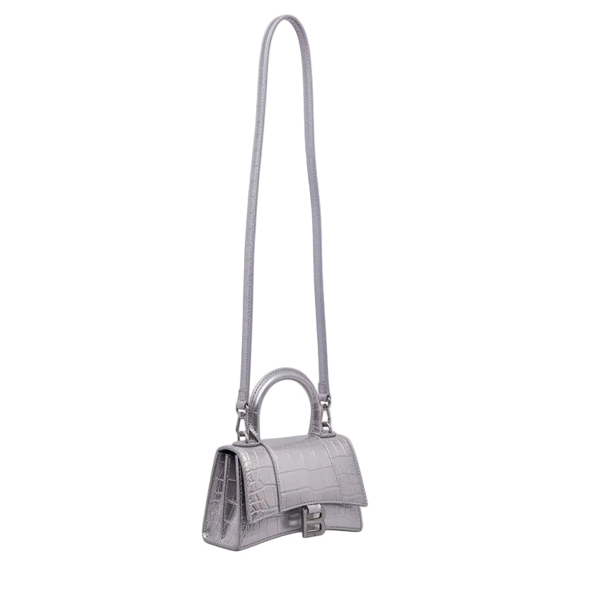 BALENCIAGA SILVER HOURGLASS EXTRA SMALL CROC EMBOSSED TOP HANGLE BAG