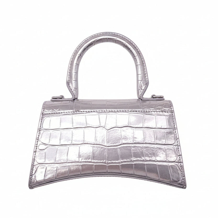 BALENCIAGA SILVER HOURGLASS EXTRA SMALL CROC EMBOSSED TOP HANGLE BAG