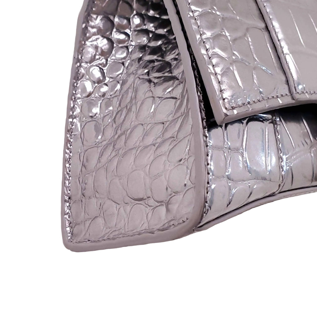 BALENCIAGA SILVER HOURGLASS EXTRA SMALL CROC EMBOSSED TOP HANGLE BAG
