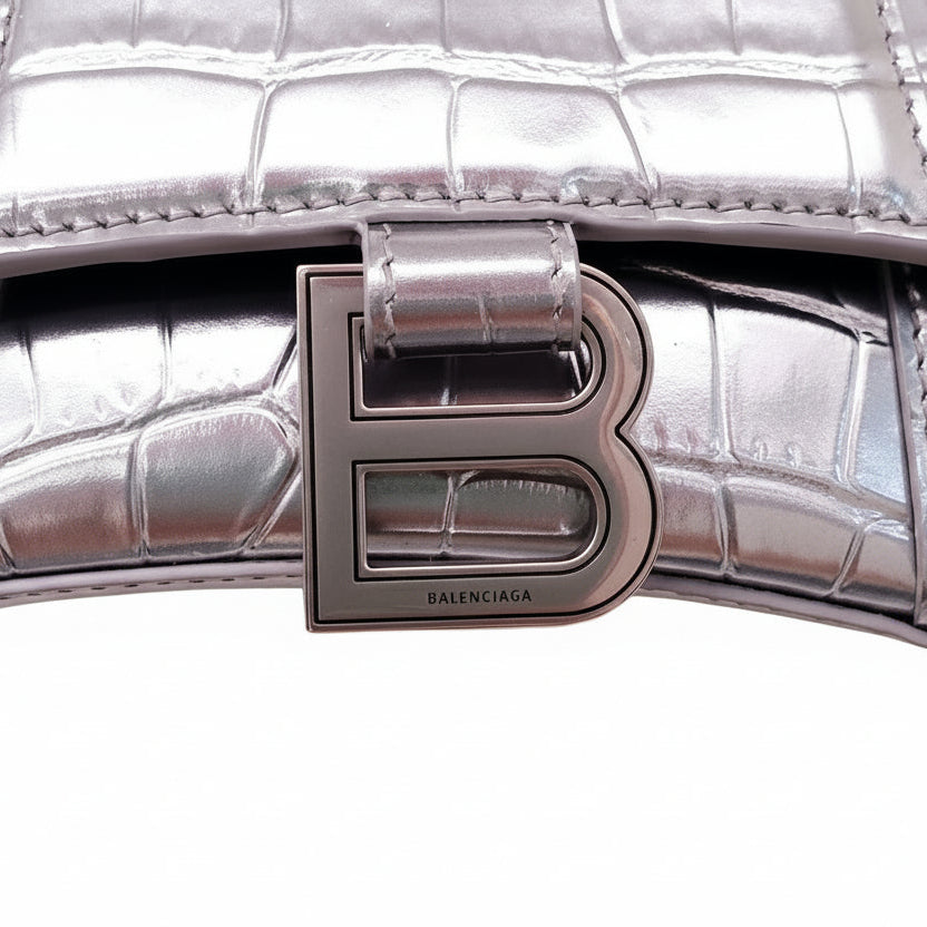 BALENCIAGA SILVER HOURGLASS EXTRA SMALL CROC EMBOSSED TOP HANGLE BAG