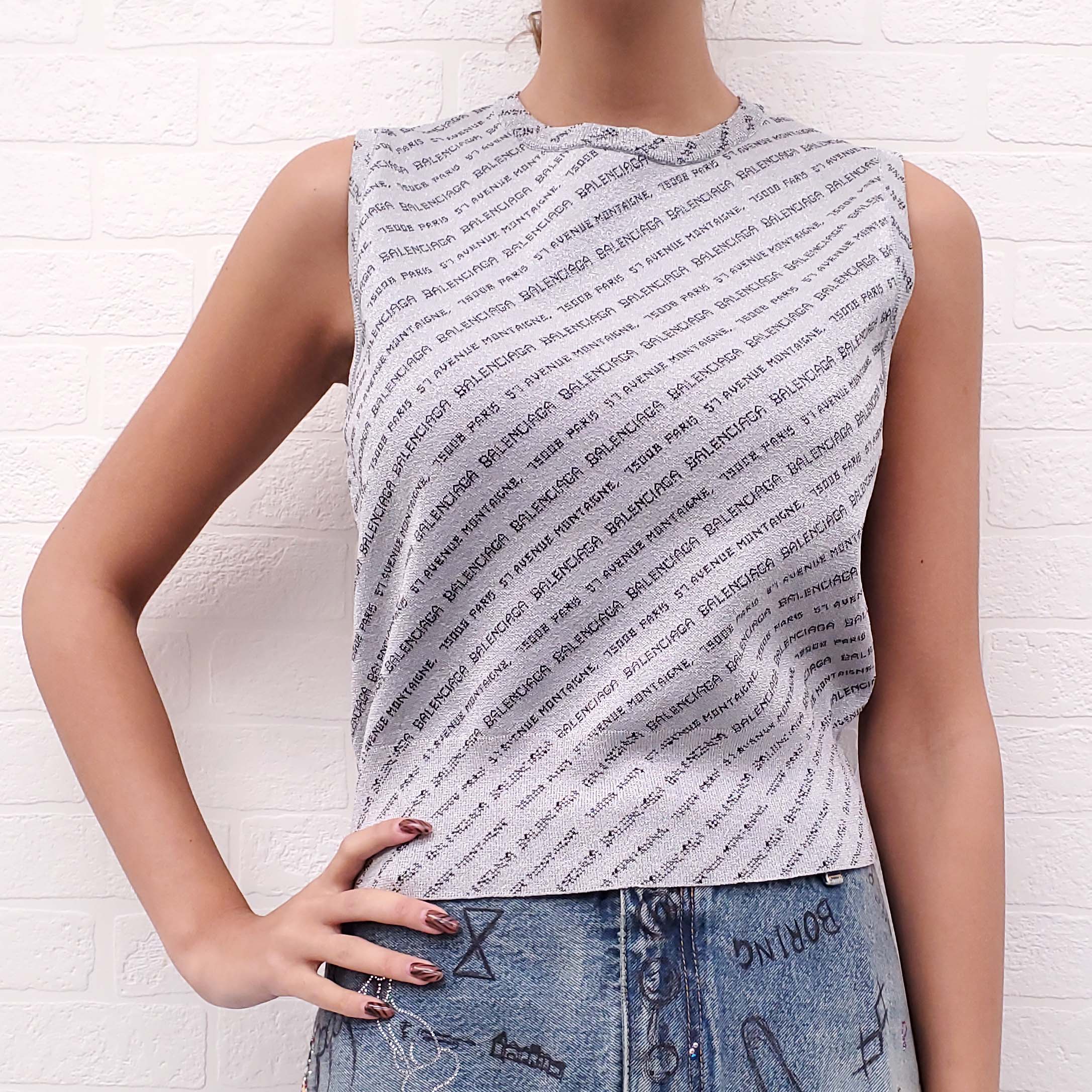 BALENCIAGA SILVER LOGO SLEEVELESS SWEATER - SIZE 40