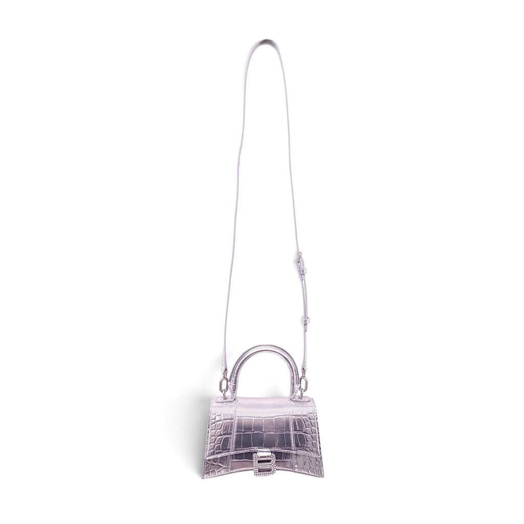BALENCIAGA SILVER METALLIC CROC-EFFECT HOURGLASS BAG