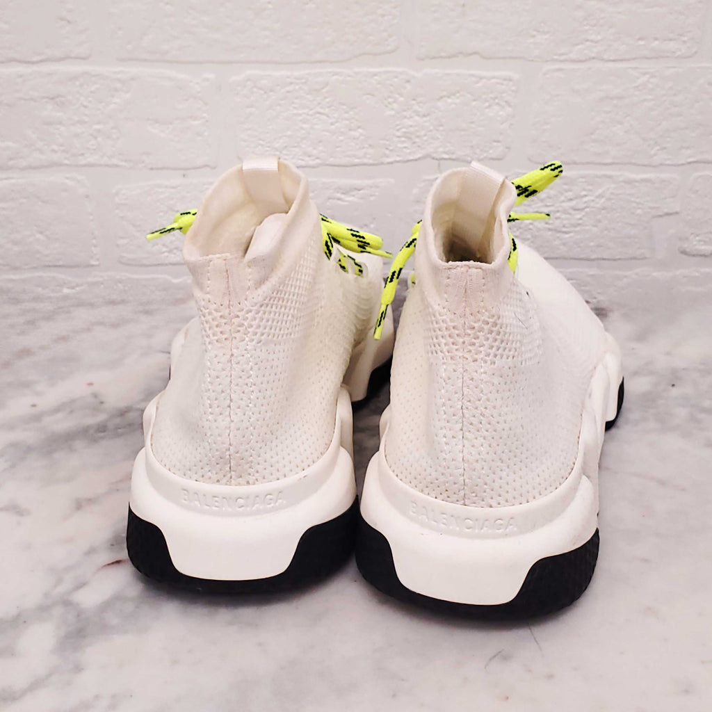 BALENCIAGA WHITE AND NEON YELLOW LACE UP 'SPEED' SNEAKERS - SIZE 40