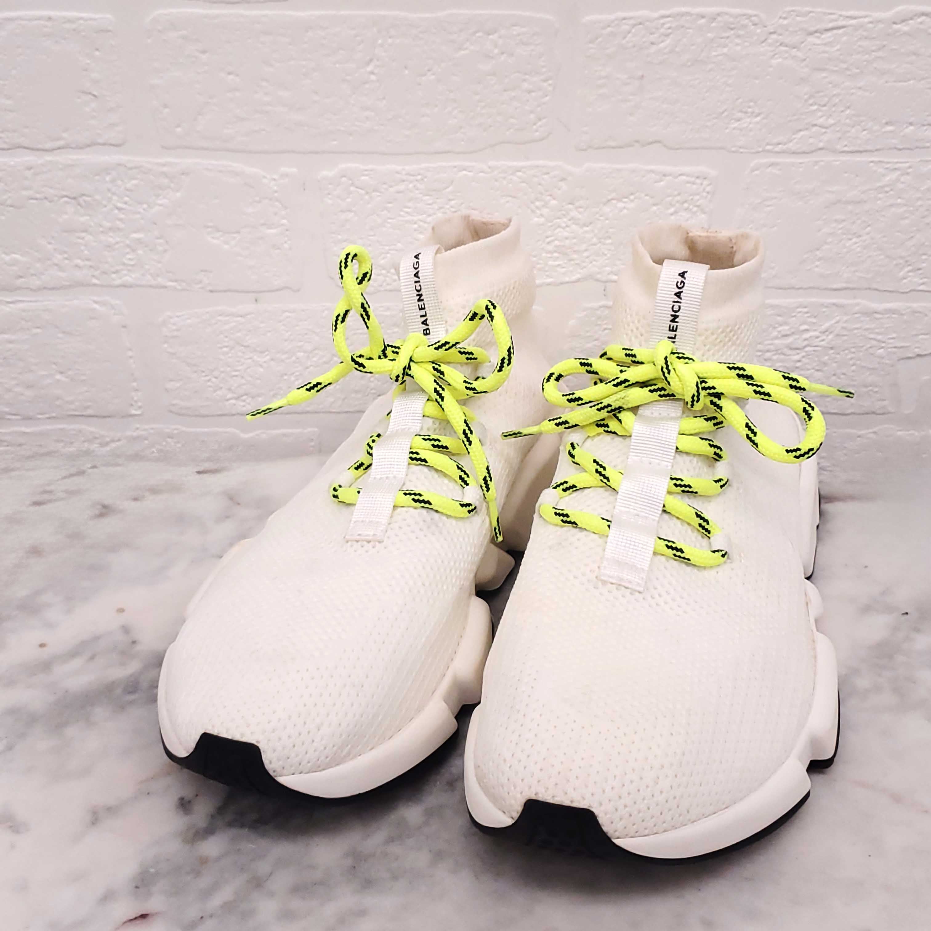 BALENCIAGA WHITE AND NEON YELLOW LACE UP 'SPEED' SNEAKERS - SIZE 40