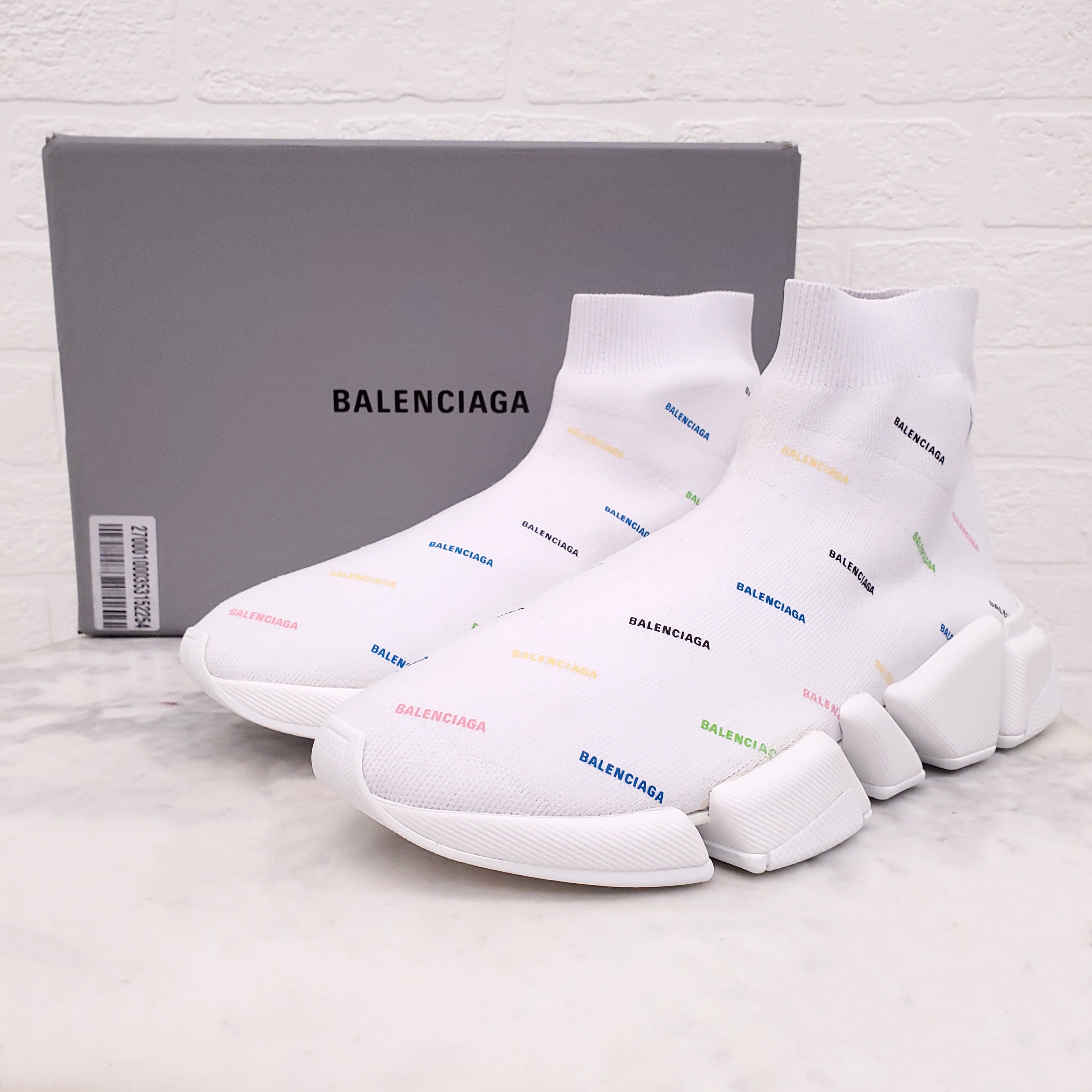 BALENCIAGA WHITE RAINBOW LOGO SOCK SNEAKERS - SIZE 40
