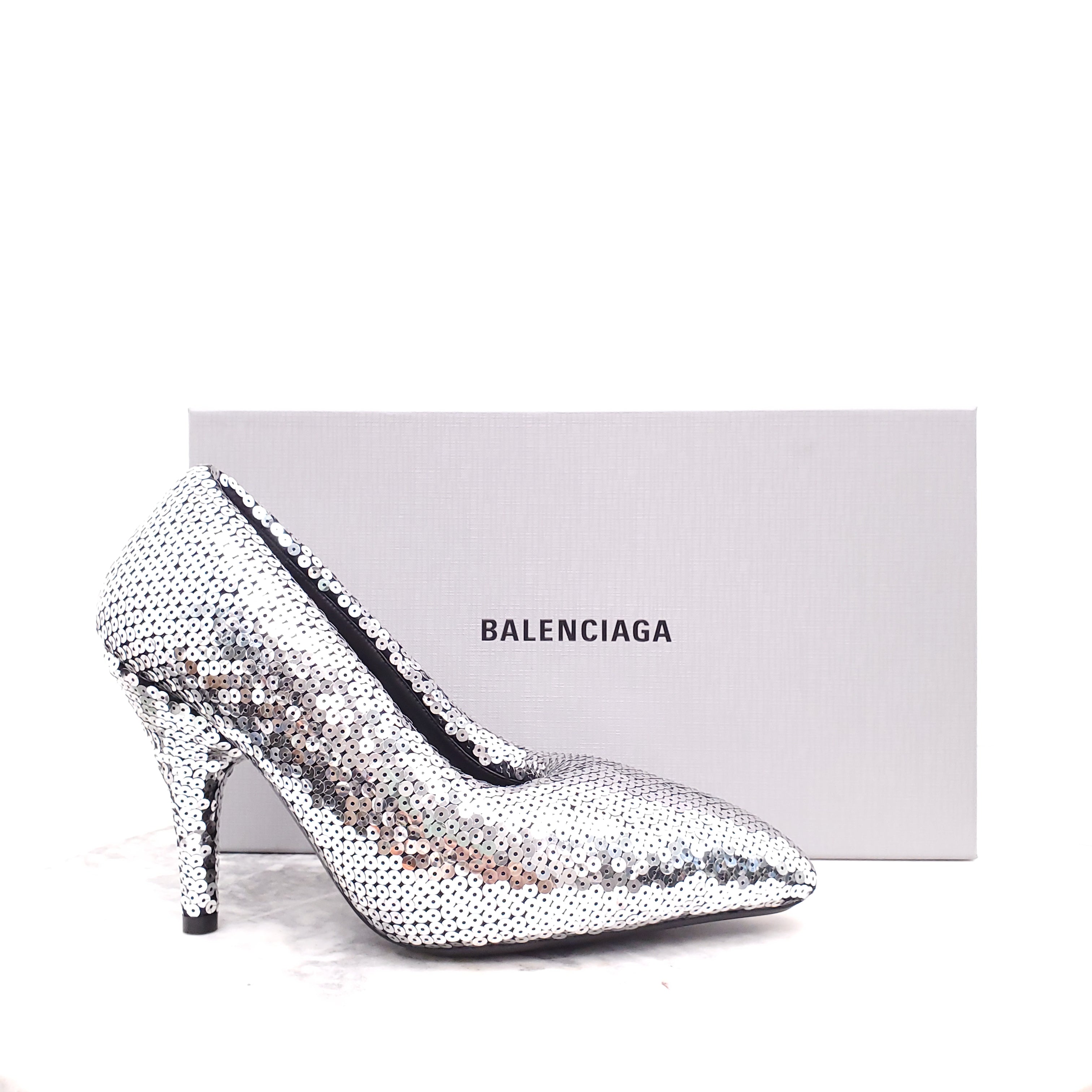 BALENCIAGA XL PUMP SILVER SEQUIN HEELS - SIZE 38